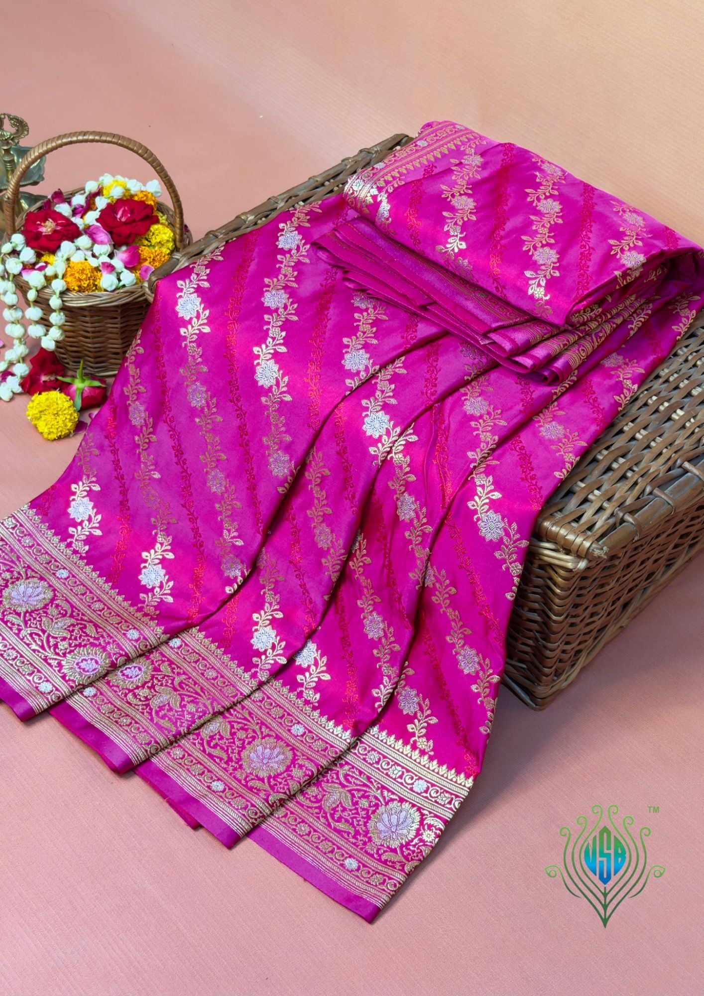 WAAH BANARAS 163: Rani Pink Satin Mashru Silk Saree with Sona Rupa Zari Stripes, Resham Weaving & Floral Border