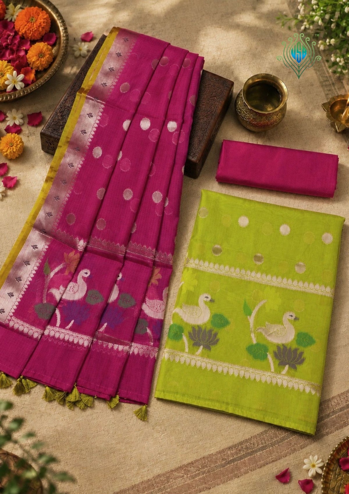 MANSI 182: Bright Green Kota Silk Suit Set with Hot Pink Dupatta & Bottom