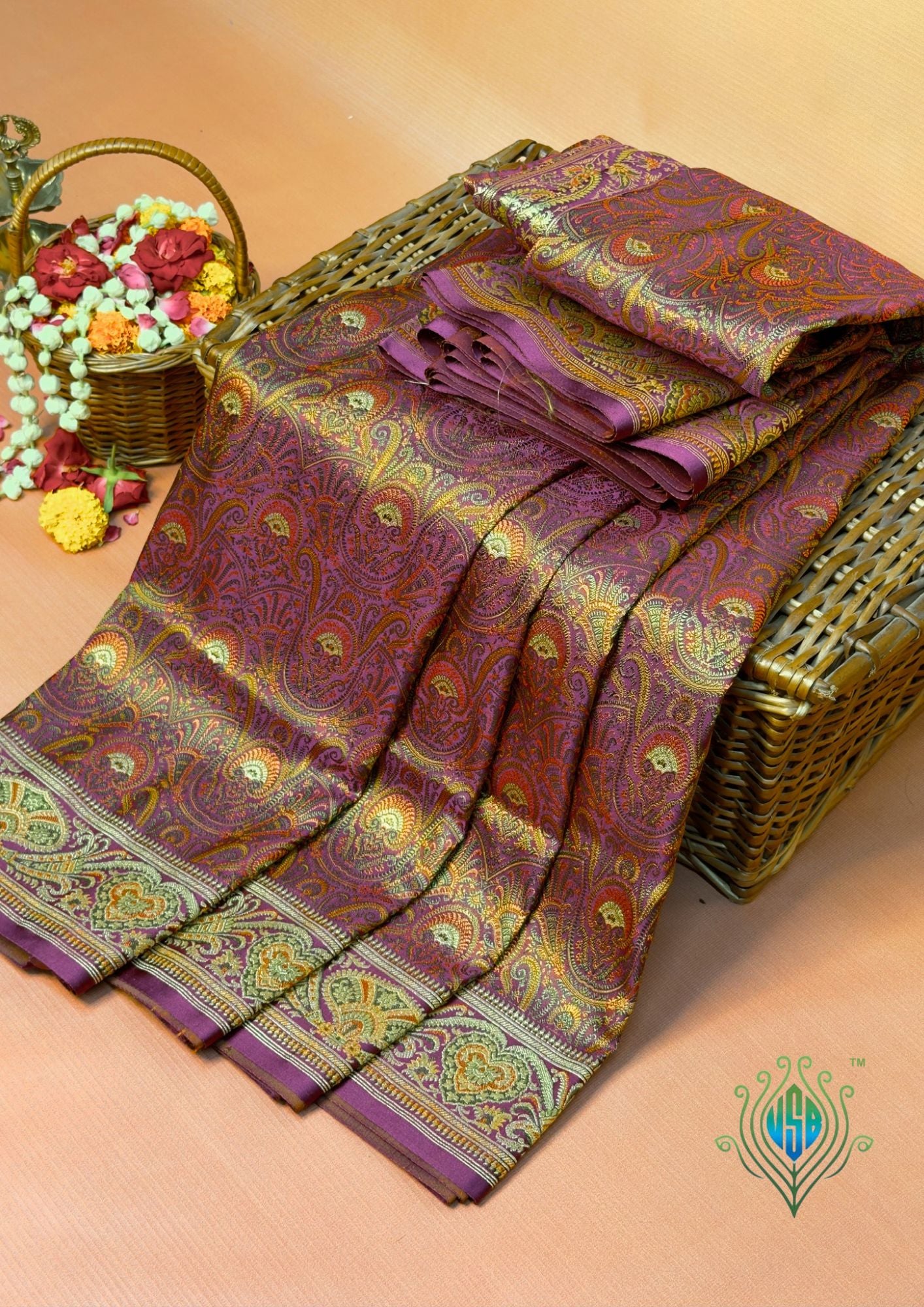 WAAH BANARAS 166: Deep Purple Satin Tanchoi Silk Saree with Rich Zari, Resham Weaving & Grand Floral Paisley Border