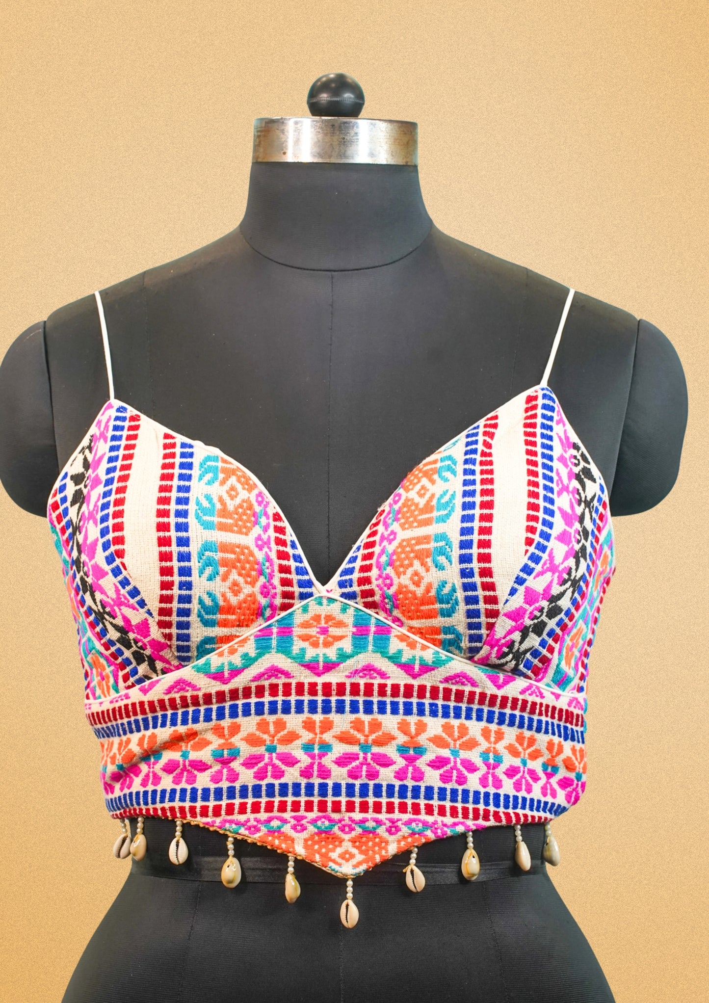 "RDM BL 012A" Banarasi Multicolor Tribal-Style Designer Blouse with Spaghetti Straps & Shell Embellishments
