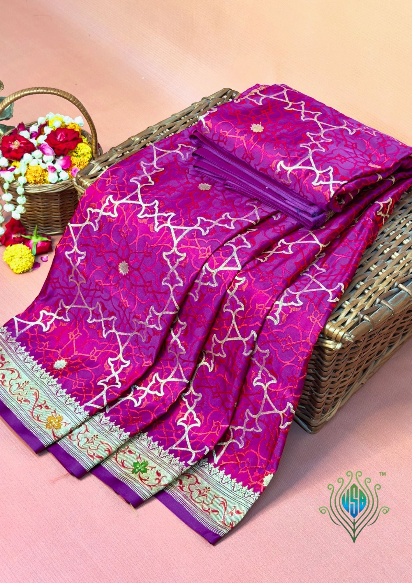WAAH BANARAS 165A: Magenta Satin Mashru Silk Saree with Zari, Resham & Meenakari Floral Border