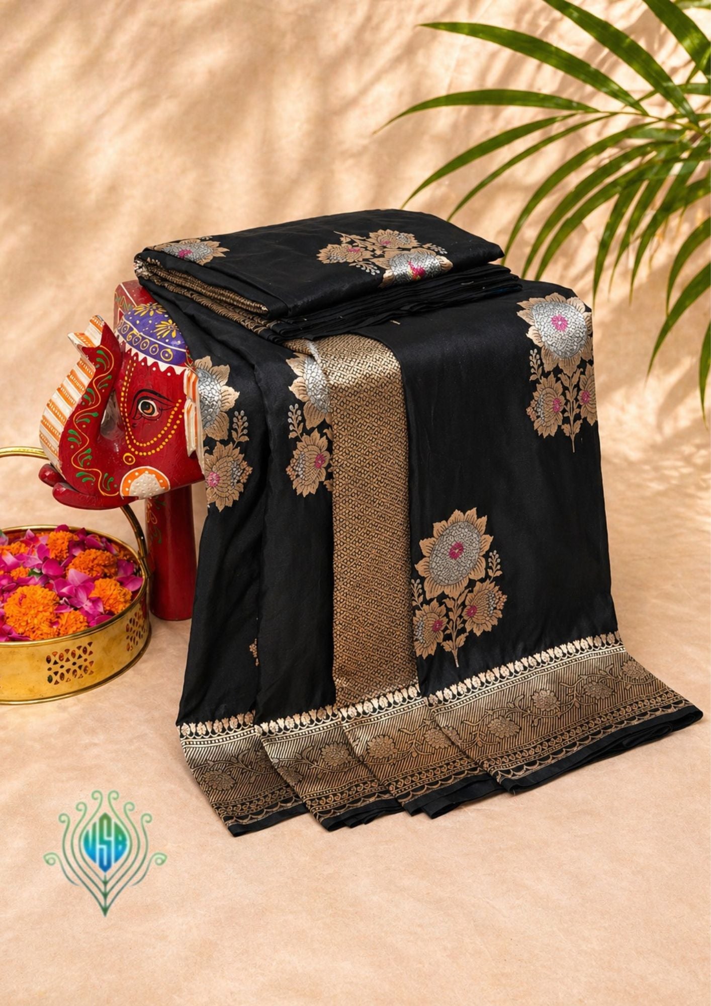 VIRASAT 408: Pure Black Handloom Katan Silk Saree with Sona Rupa Zari & Meenakari Border-Pallu (Silk Mark Certified)