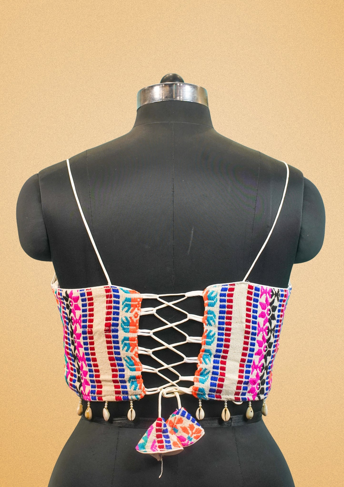 "RDM BL 012A" Banarasi Multicolor Tribal-Style Designer Blouse with Spaghetti Straps & Shell Embellishments