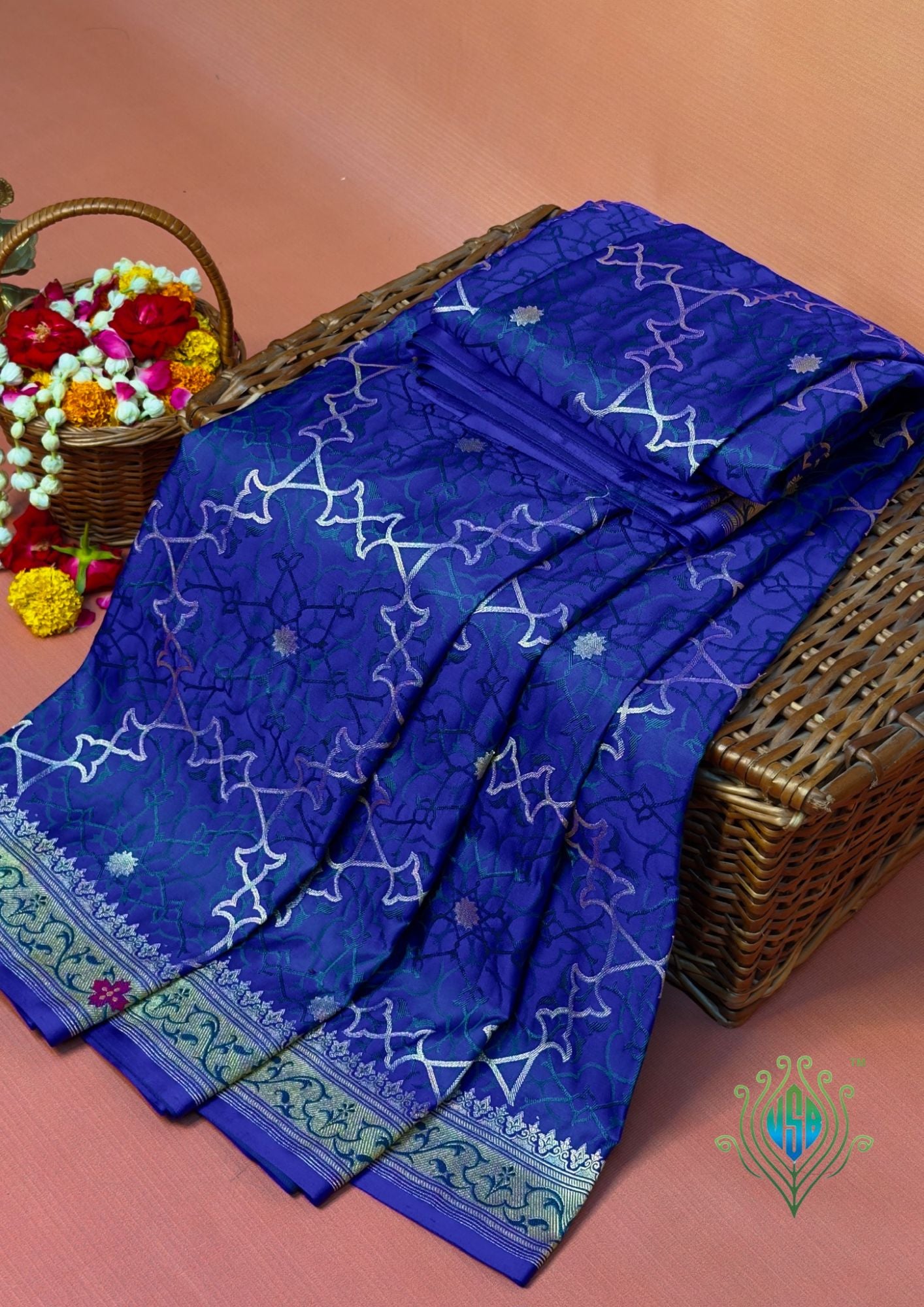 WAAH BANARAS 165: Indigo Blue Satin Mashru Silk Saree with Meenakari Zari & Resham Weaving Floral Border