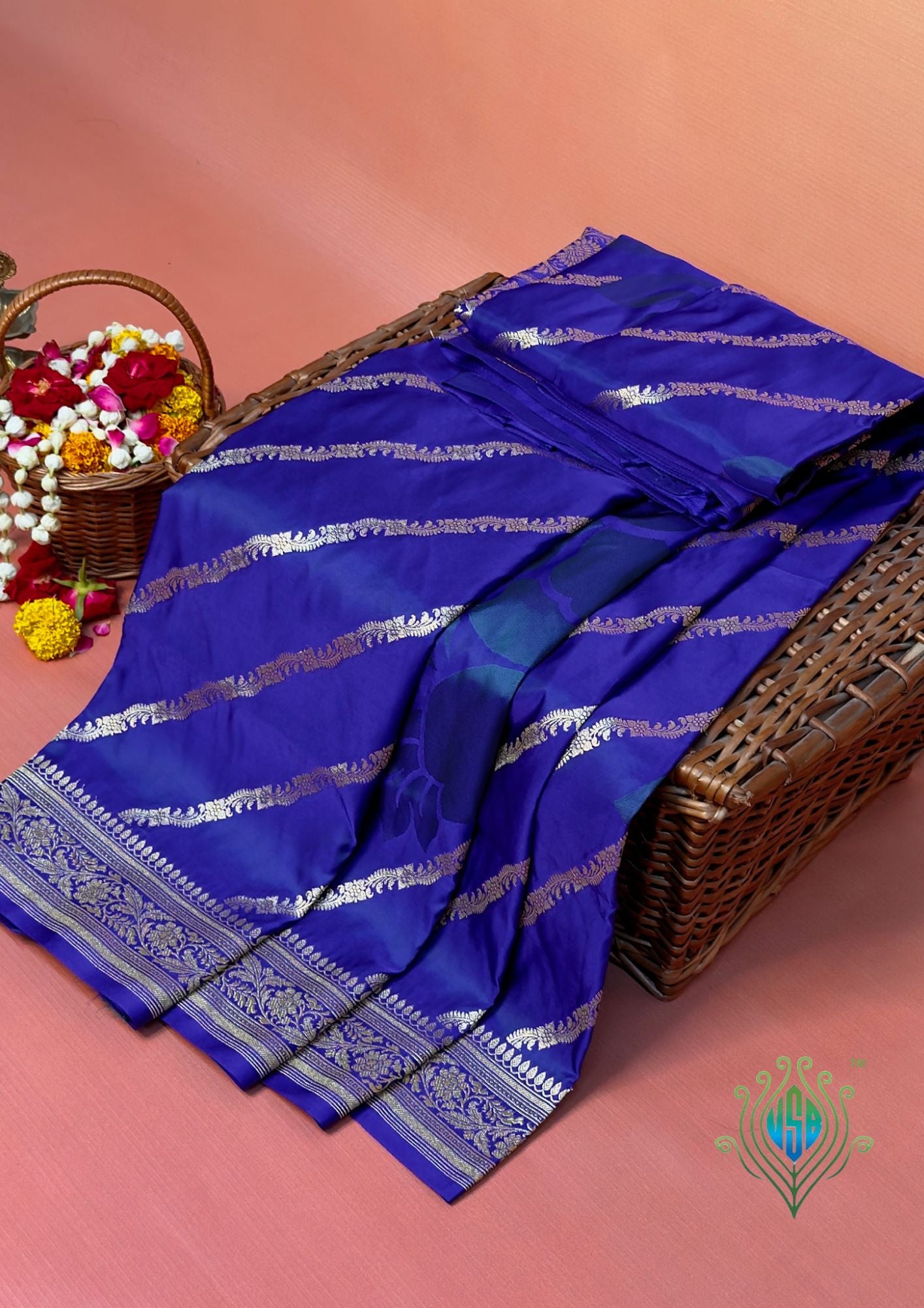 WAAH BANARAS 164A: Teal Blue Satin Mashru Silk Saree with Zari Stripe Work, Resham Floral Design & Grand Floral Border