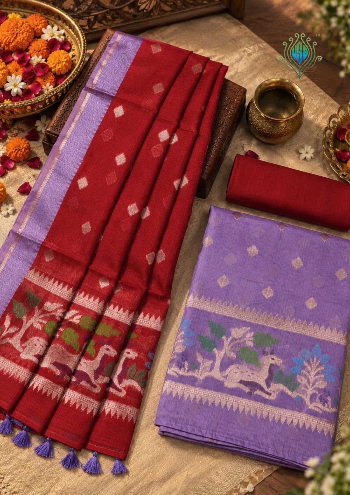 MANSI 179: Deep Red & Lavender Kota Silk Suit Set with Elegant Floral and Bird Motifs