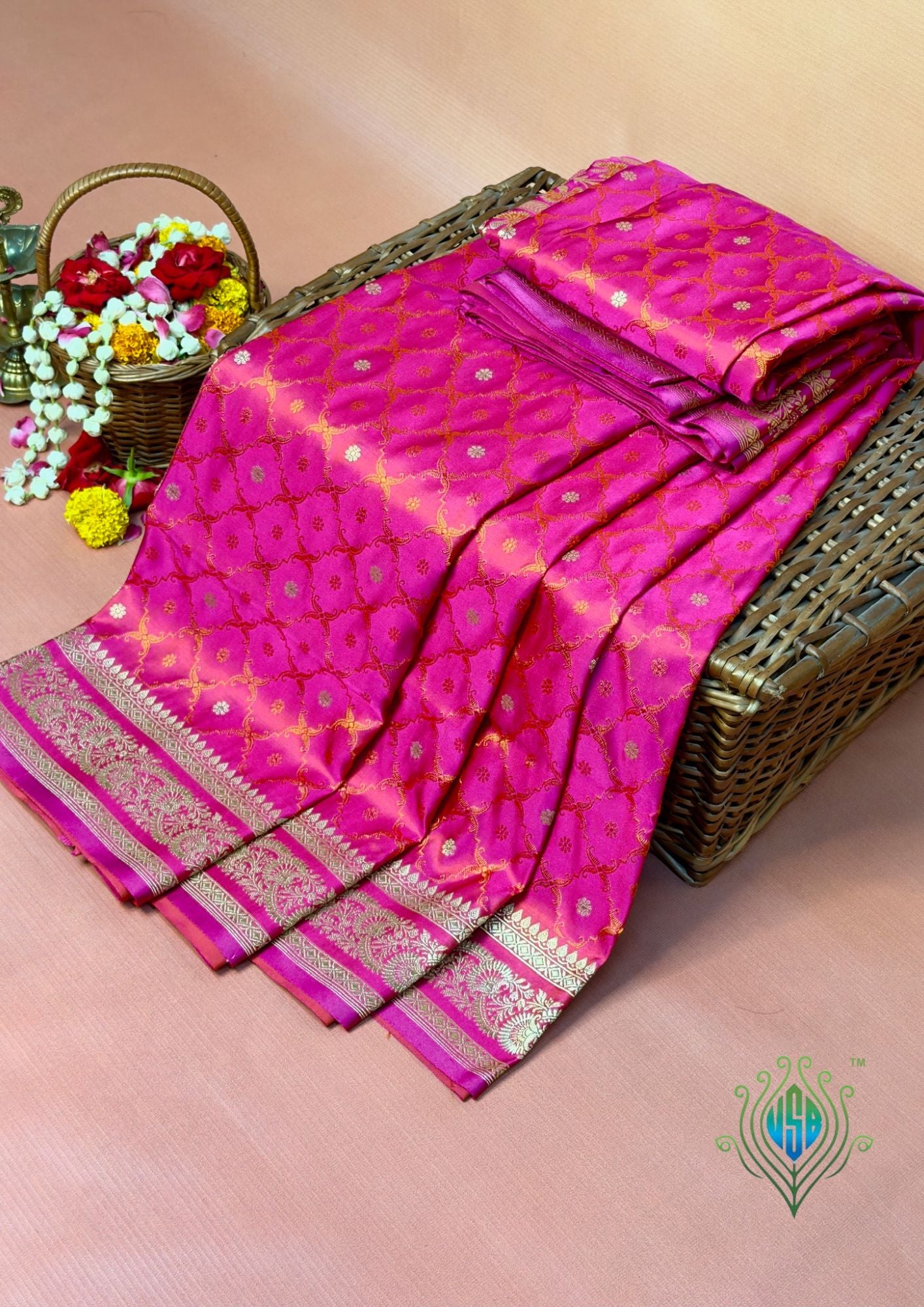 WAAH BANARAS 167: Rani Pink Satin Mashru Silk Saree with Gold Zari, Resham Weaving & Floral Border