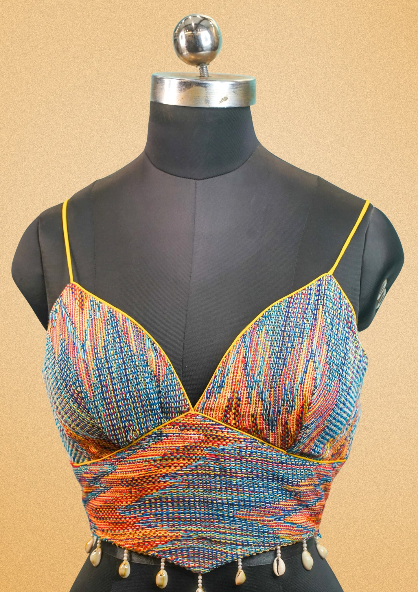 "RDM BL 012" Banarasi Trendy Multicolor Ikat-Style Designer Blouse with Spaghetti Straps & Shell Detailing