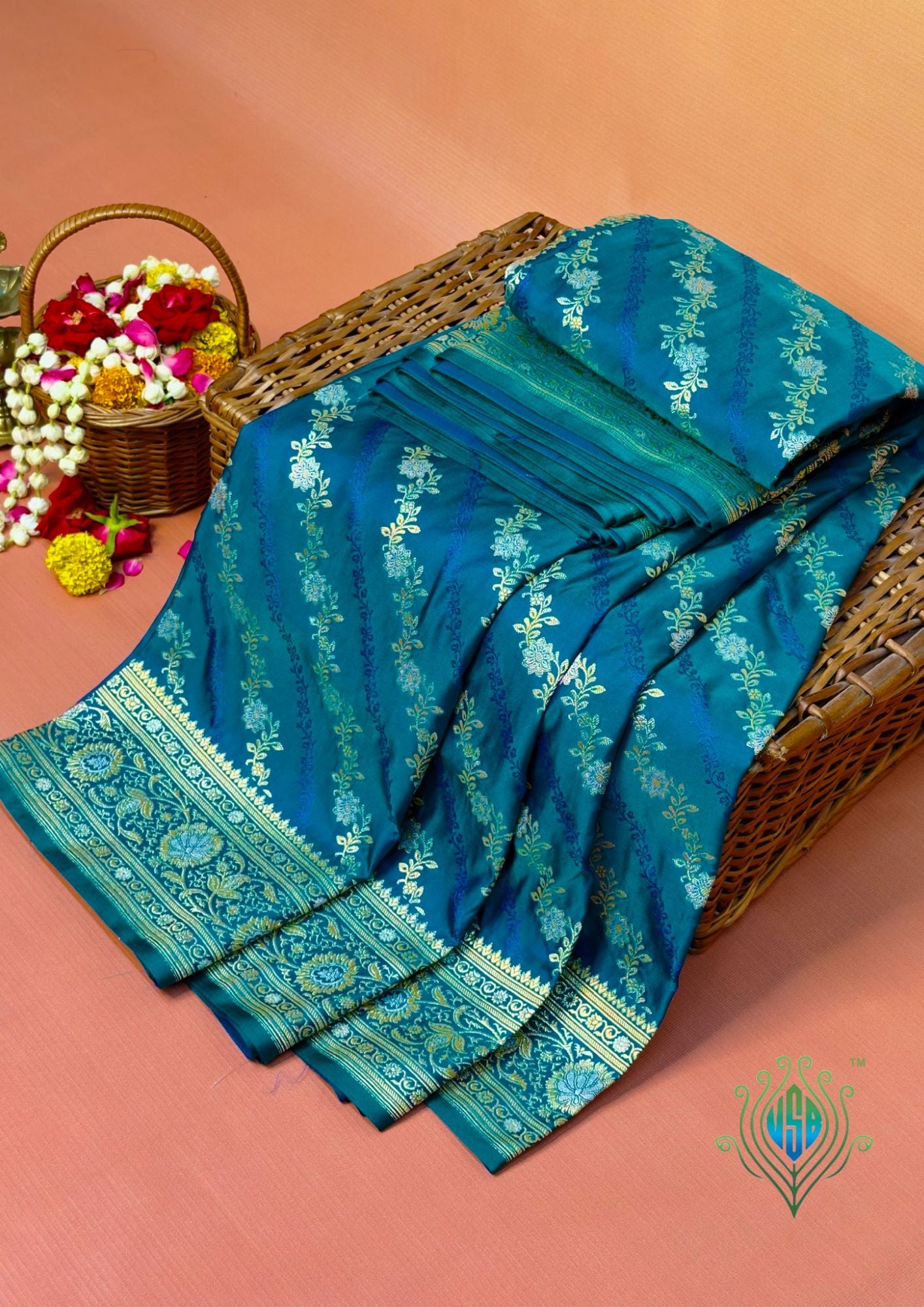 WAAH BANARAS 163A: Teal Blue Satin Mashru Silk Saree with Sona Rupa Zari Stripes, Resham Weaving & Floral Border