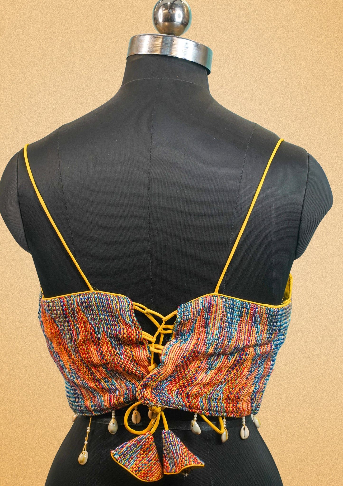 "RDM BL 012" Banarasi Trendy Multicolor Ikat-Style Designer Blouse with Spaghetti Straps & Shell Detailing