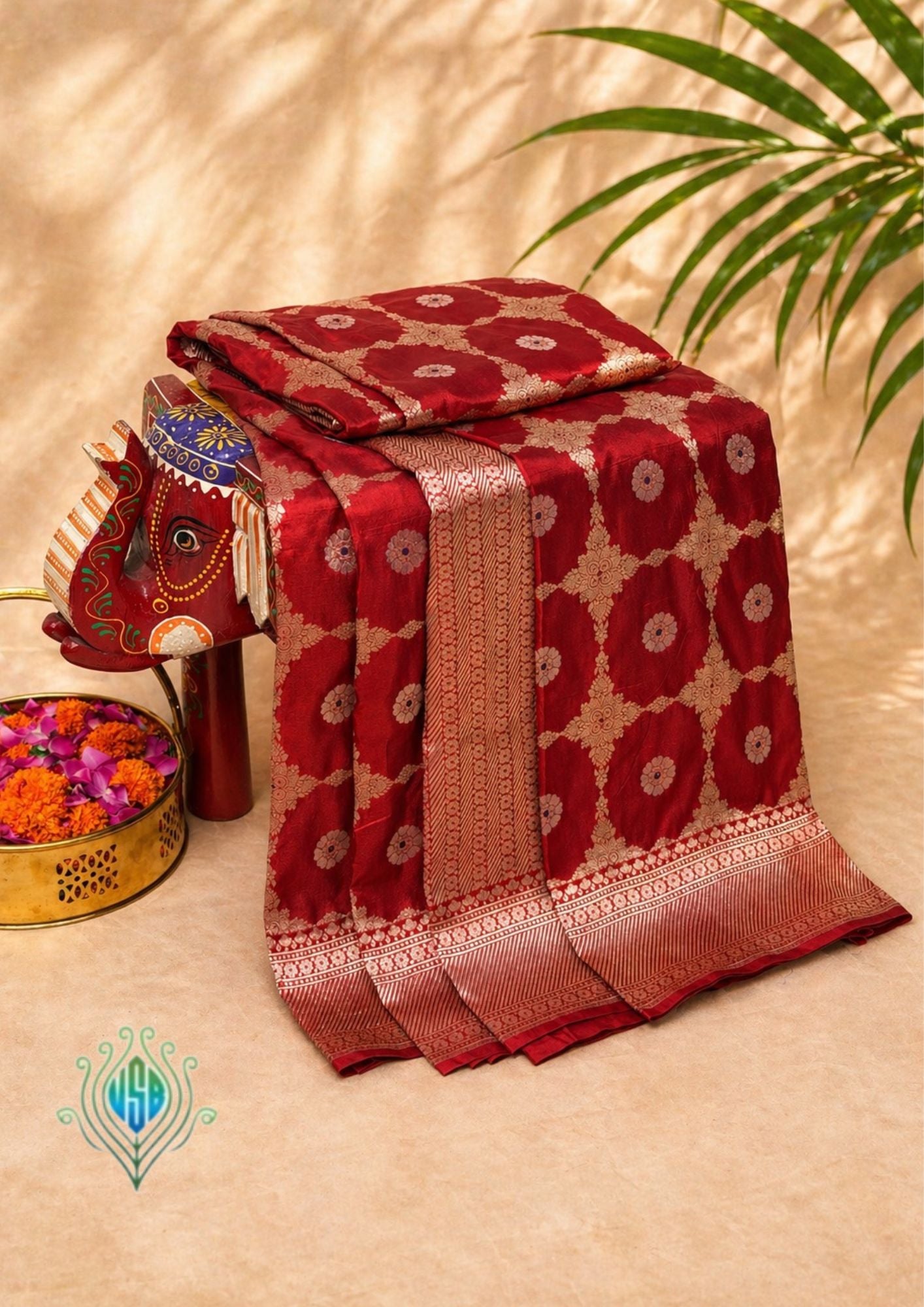 VIRASAT 409: Ruby Red Pure Handloom Katan Silk Saree with All-Over Zari & Meenakari Border-Pallu (Silk Mark Certified)