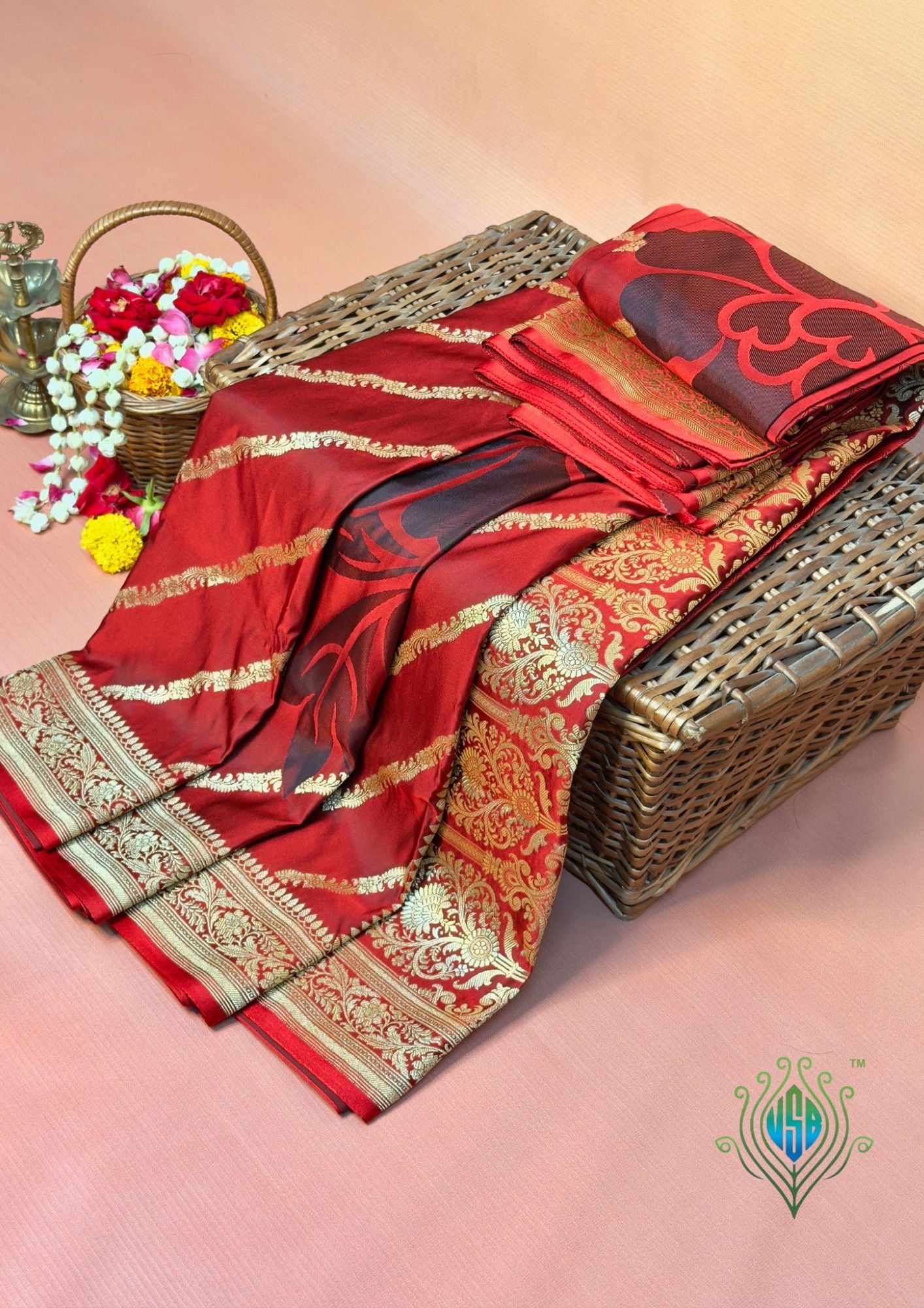 WAAH BANARAS 164: Ruby Red Satin Mashru Silk Saree with Zari Stripe Work, Resham Floral Design & Grand Floral Border