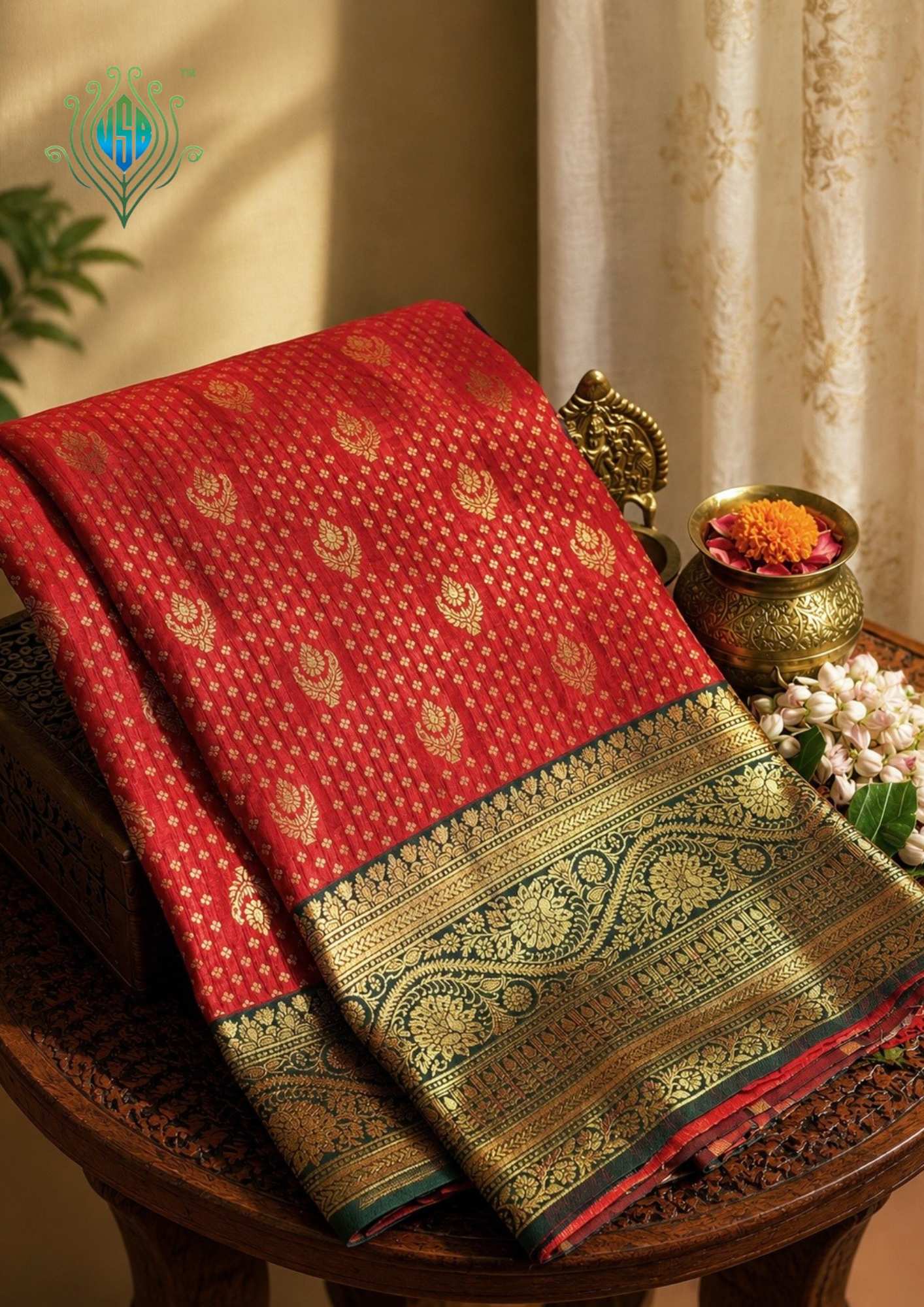 UTSAV BANARAS 450: Royal Vermilion Red Banarasi Silk Saree with Antique Zari Floral Border