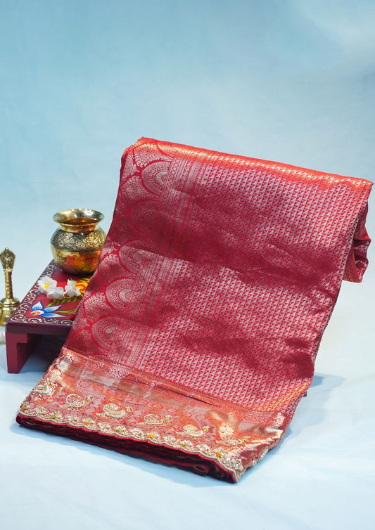 "VIRASAT 210" Banarasi Royal Red Pure Kanjivaram Barik Zardozi Cut Work Border Embroidered Silk Saree