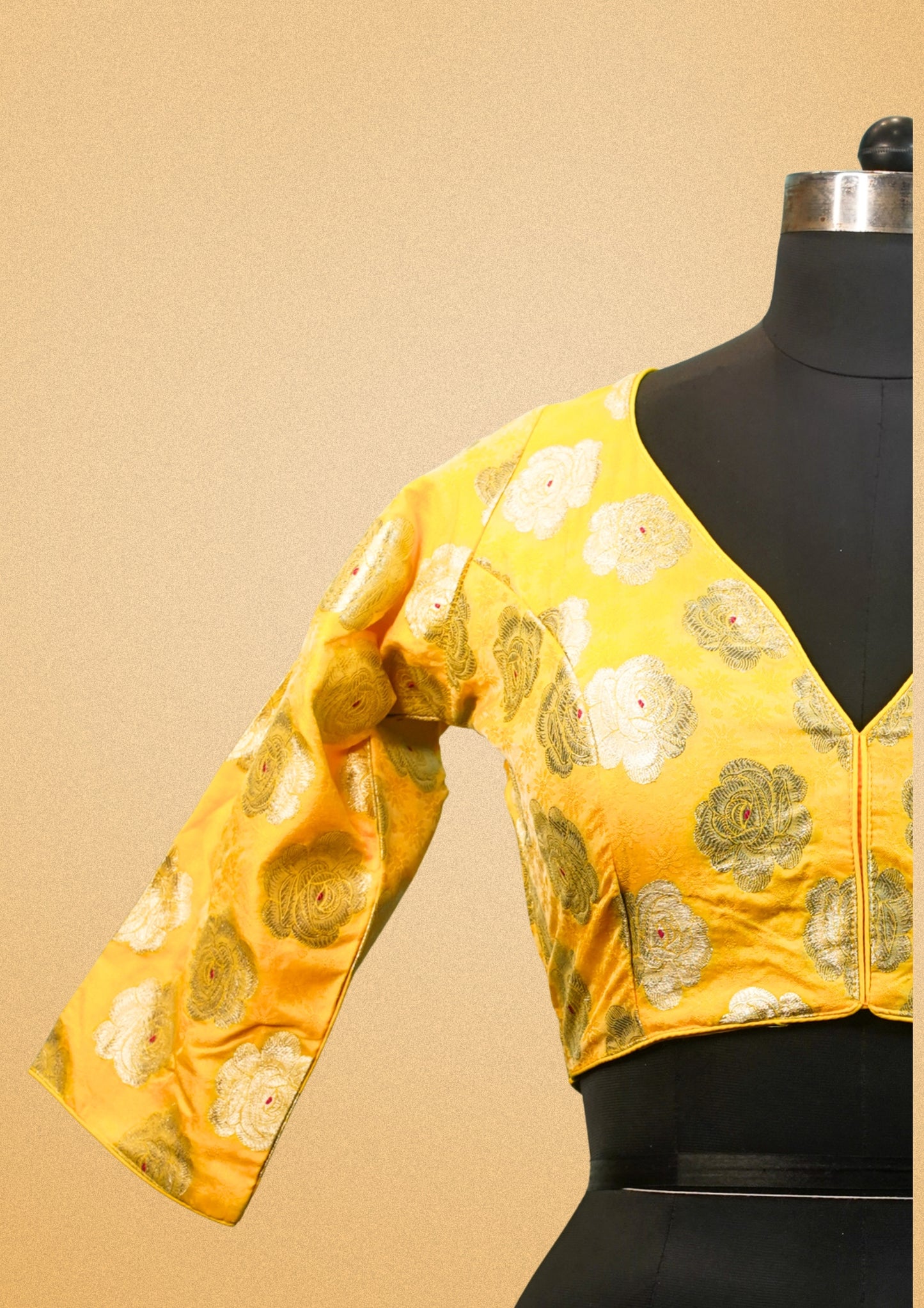 "RDM BL 013" Banarasi Yellow Blouse With Golden Zari Floral Weavin