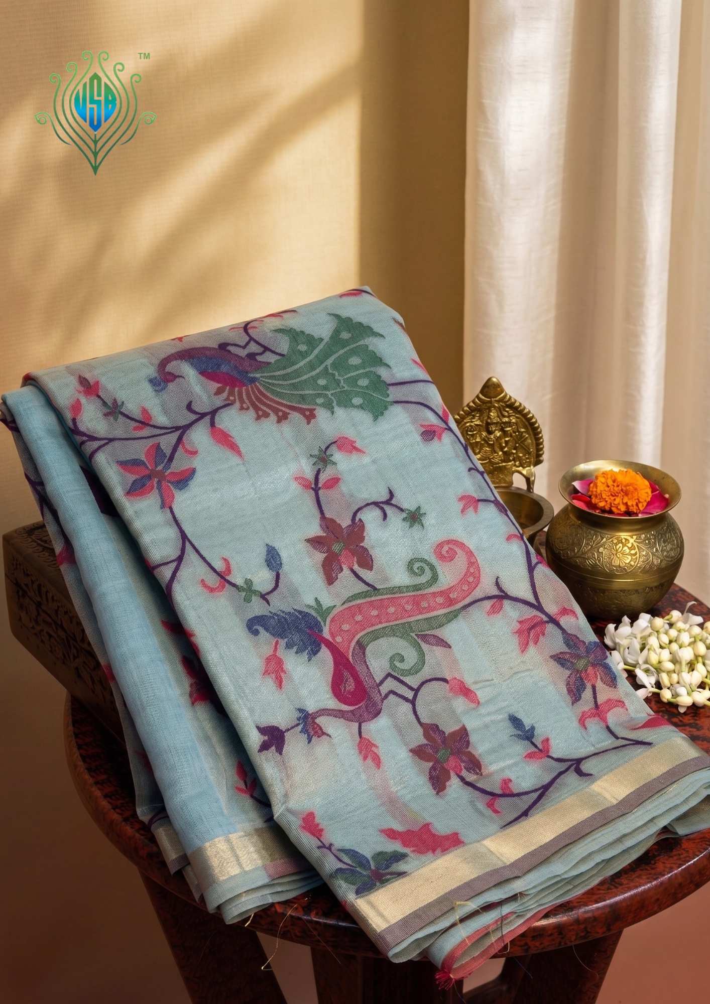 UTSAV BANARAS 468: Sky Blue Cotton Saree with Multicolor Resham Tree & Peacock Motif Design