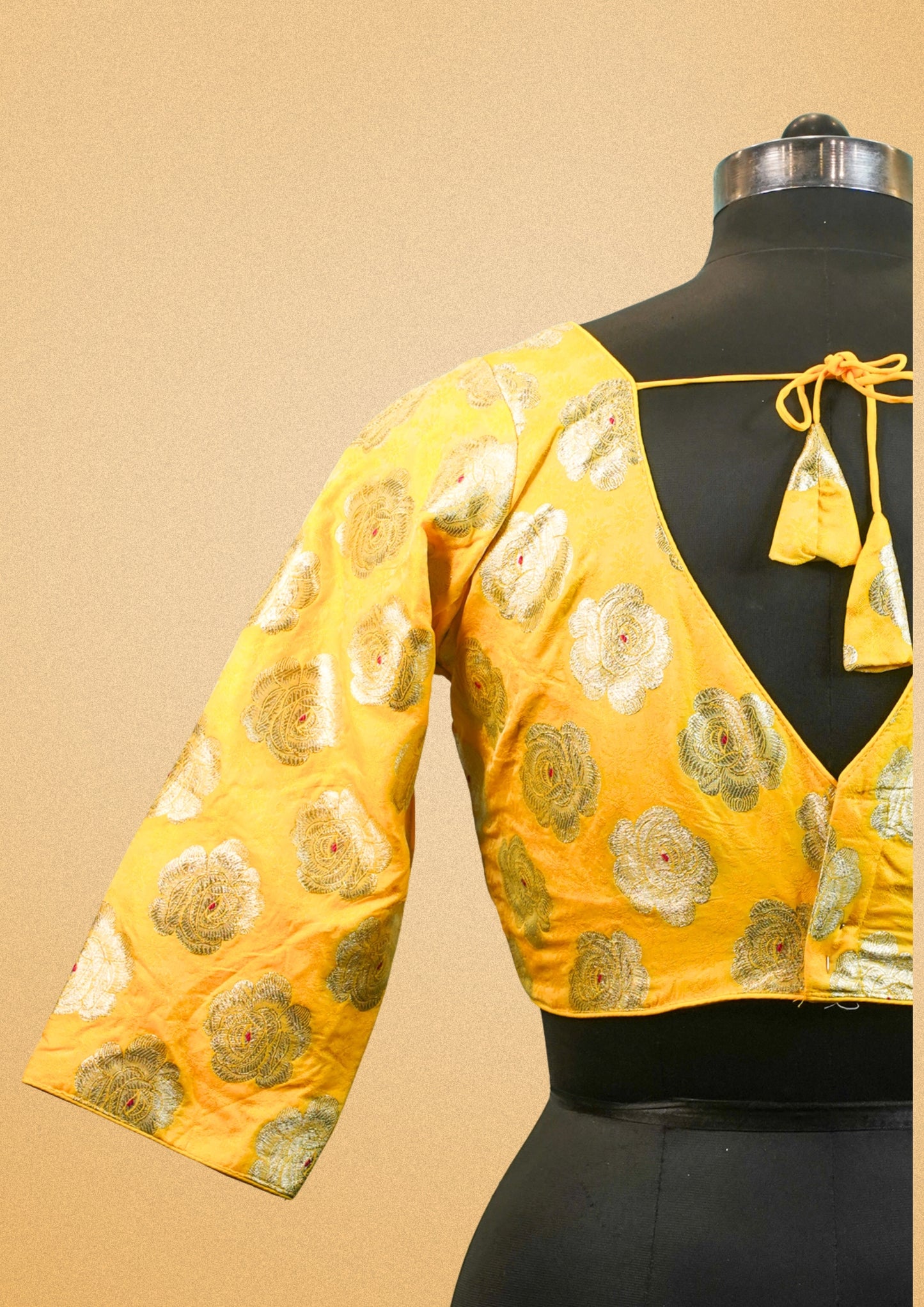 "RDM BL 013" Banarasi Yellow Blouse With Golden Zari Floral Weavin