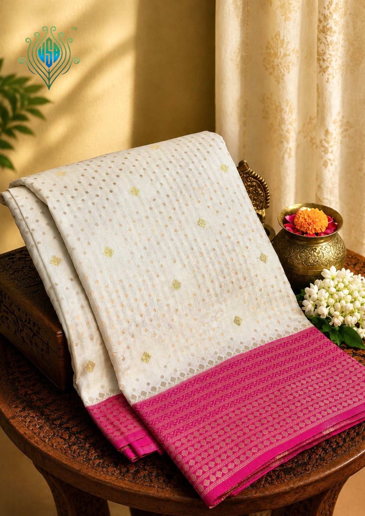 UTSAV BANARAS 436: Elegant Ivory White Soft Silk Saree with Rani Pink Contrast Zari Border