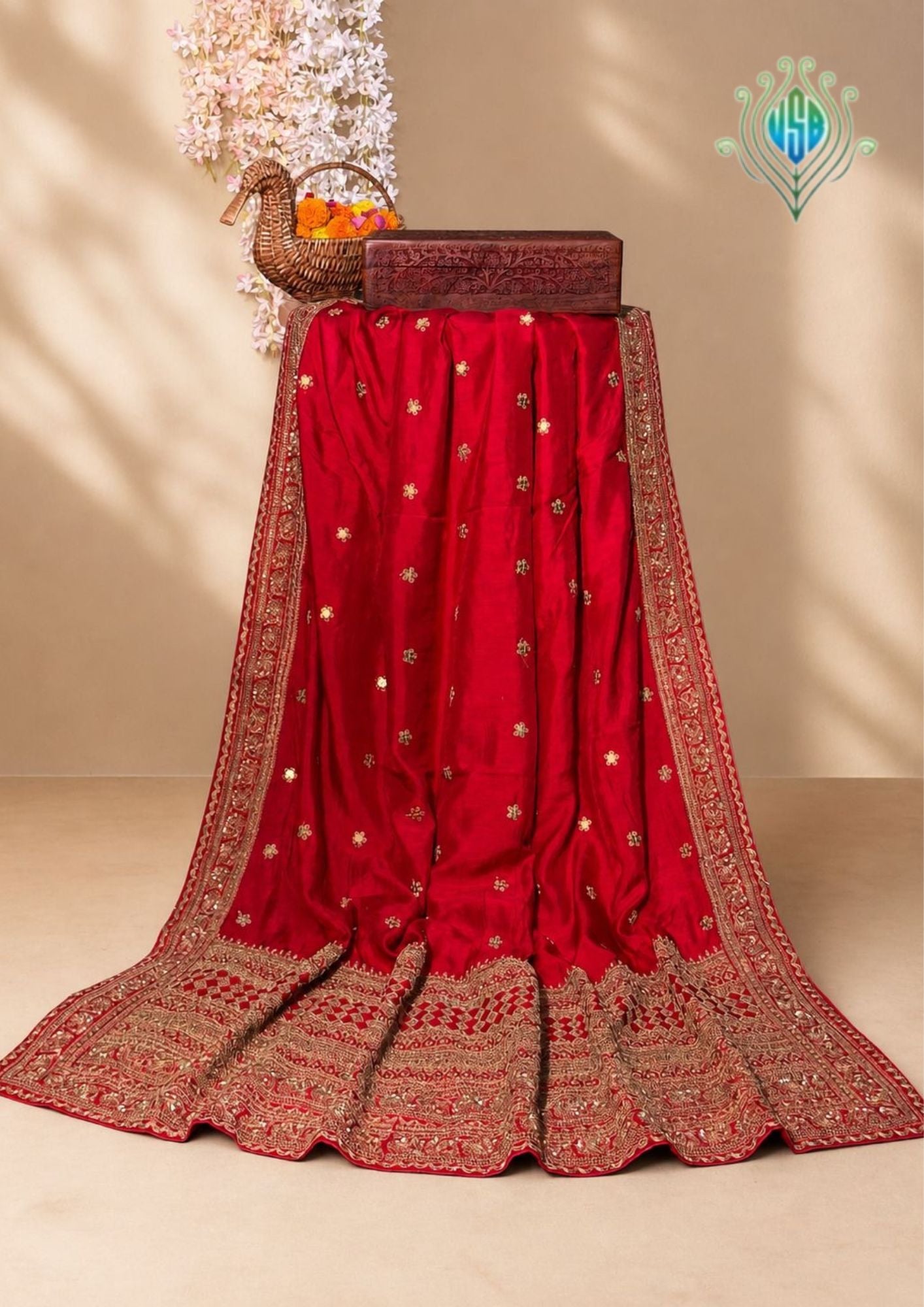 VIRASAT 396: Bridal Red Raw Silk Saree with Hand Zardozi Work