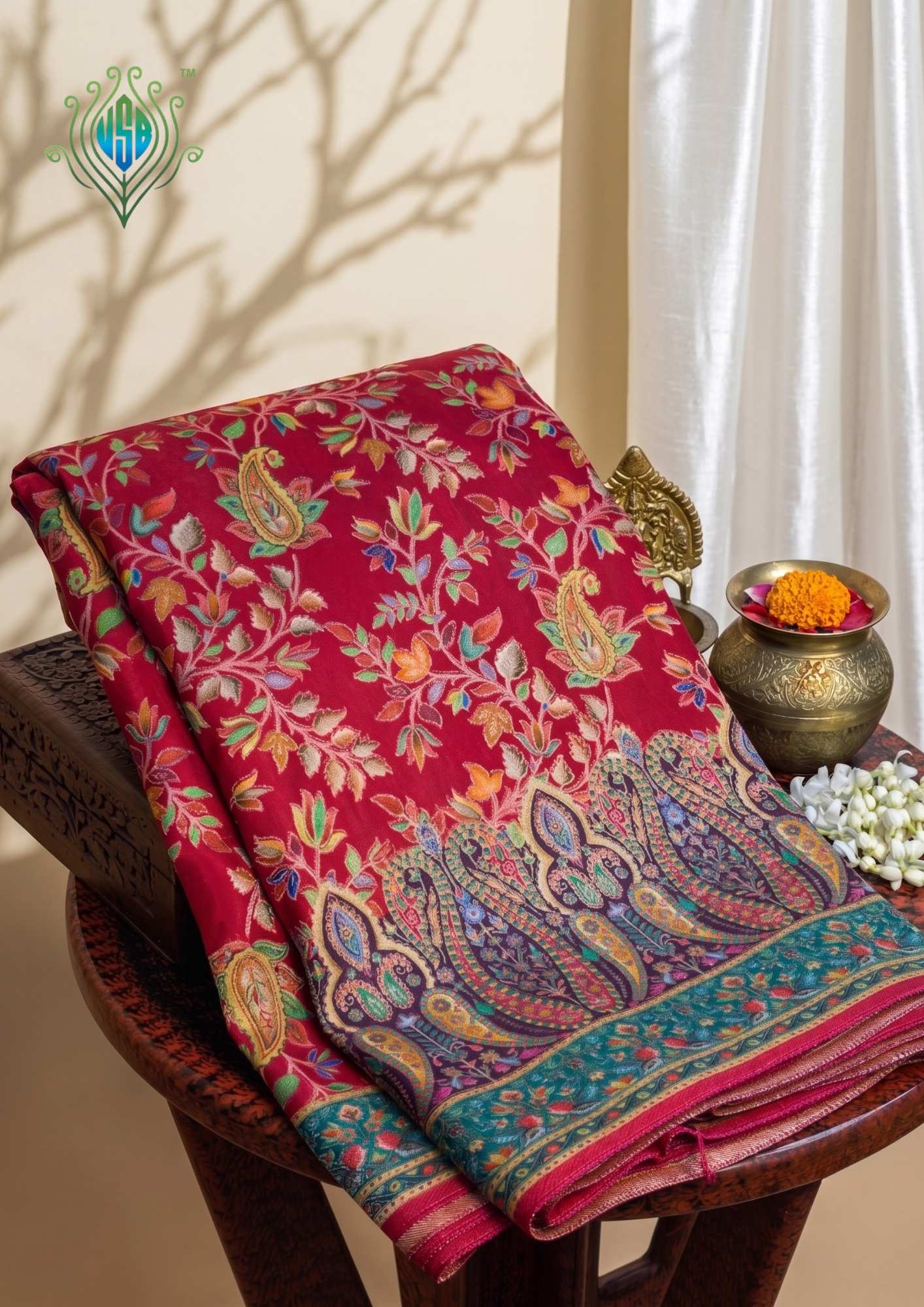 UTSAV BANARAS 478D: Cherry Red Butter Silk Saree with Royal Paisley Position Print & Contrast Blouse