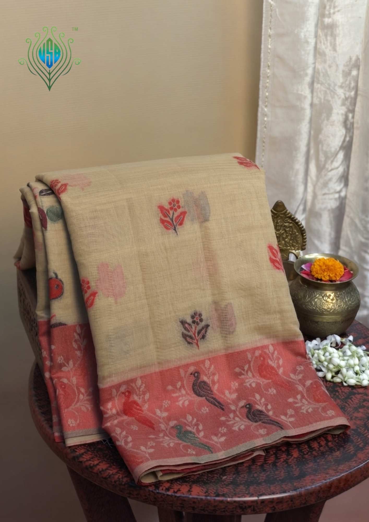 UTSAV BANARAS 459: Natural Beige Cotton Saree with Multicolor Resham Bird Motif Work