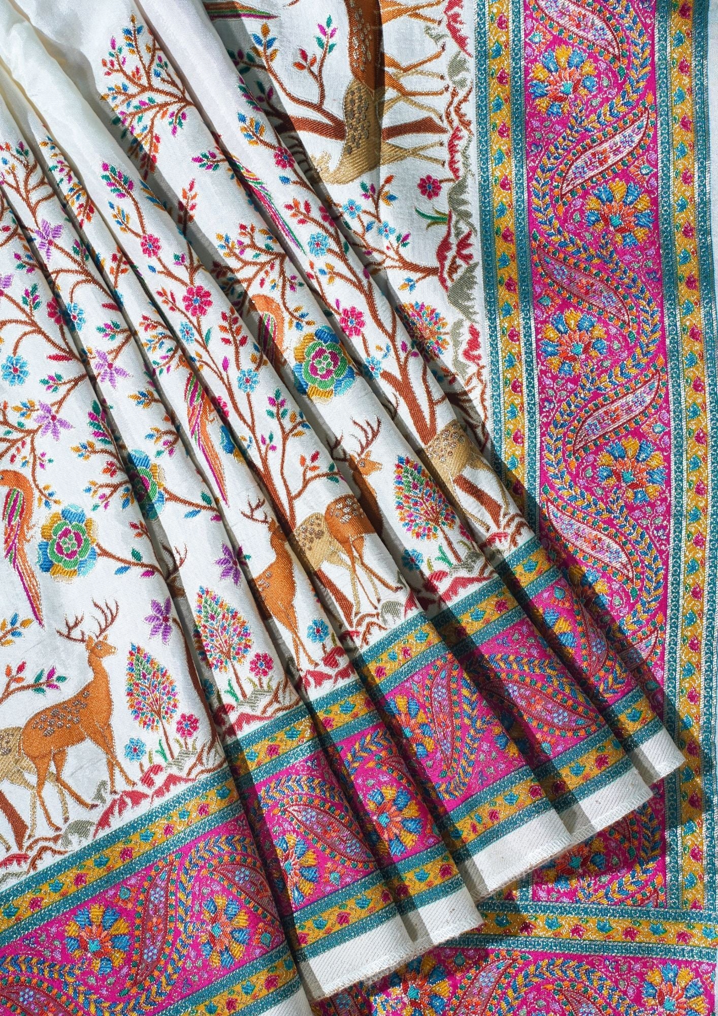 "Waah Banaras 072" Banarasi Ivory Base With Vibrant Accents Meenakari Pashmina Silk Saree