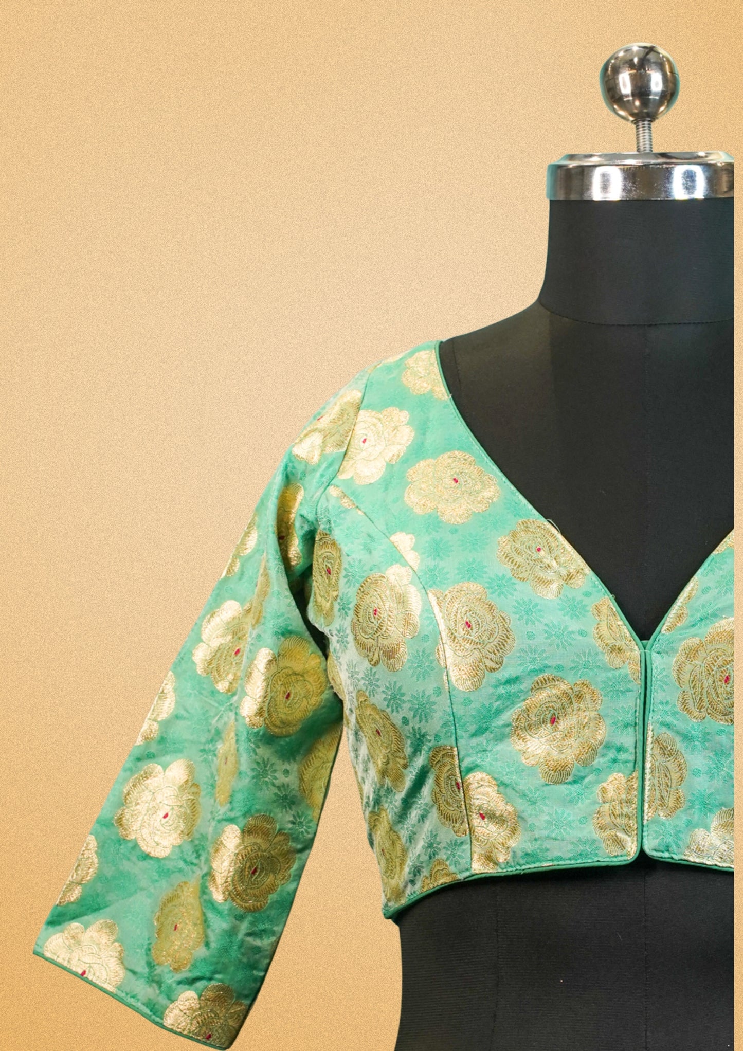 "RDM BL 013A" Banarasi Pastel Green Blouse With Golden Zari Floral Weaving