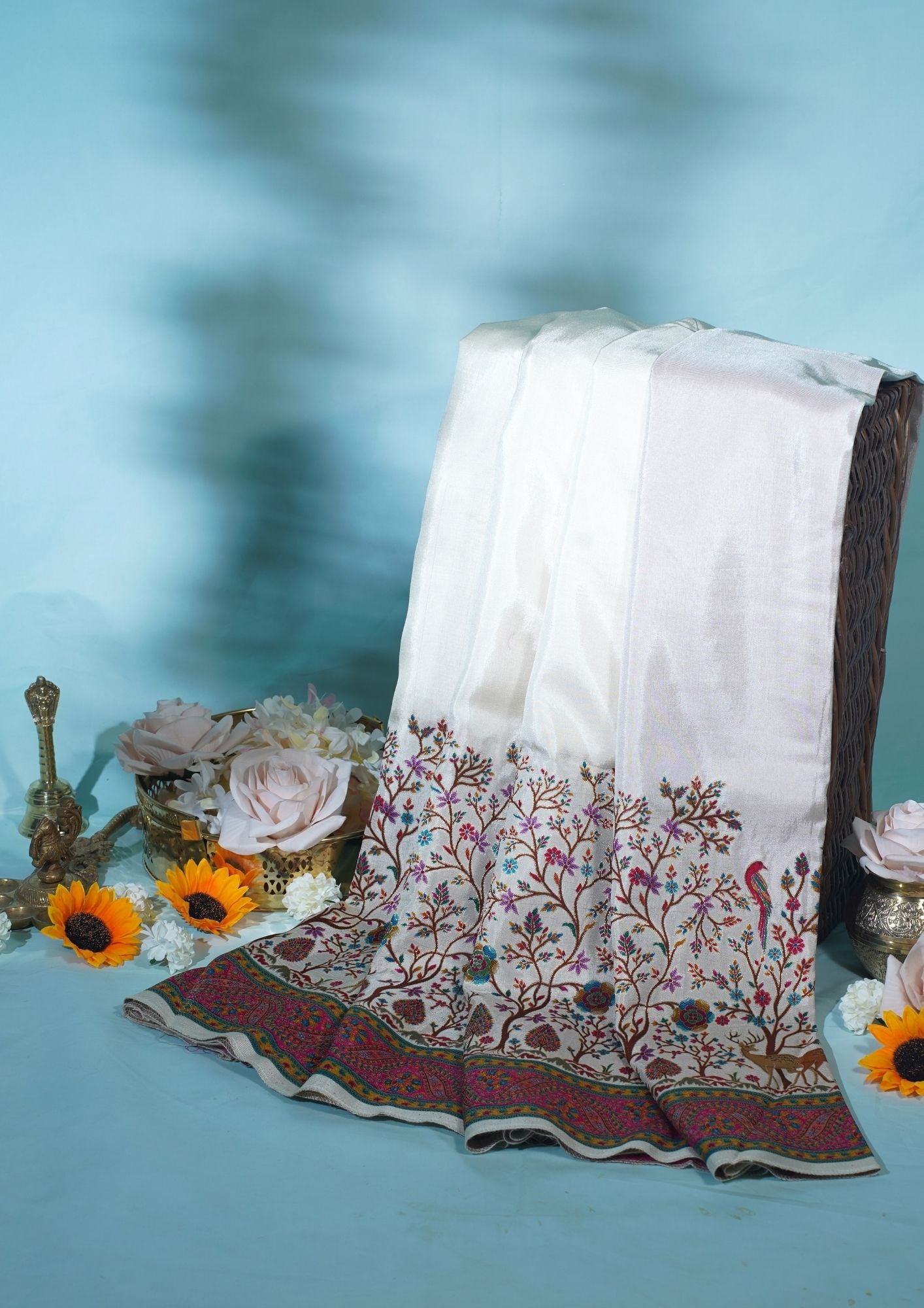 "Waah Banaras 072" Banarasi Ivory Base With Vibrant Accents Meenakari Pashmina Silk Saree