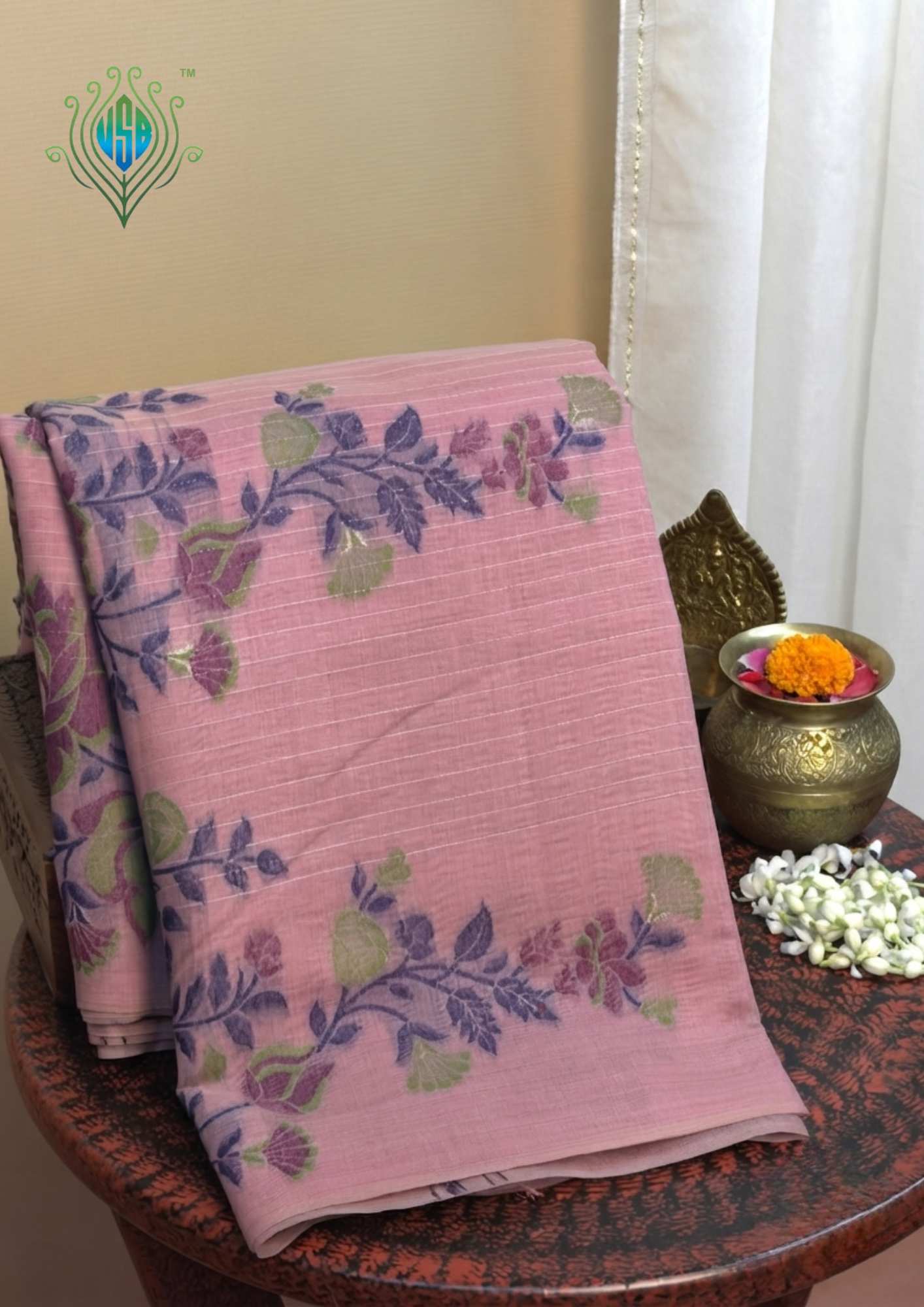 UTSAV BANARAS 461: Blush Pink Cotton Saree with Multicolor Resham Floral Bouquet Work