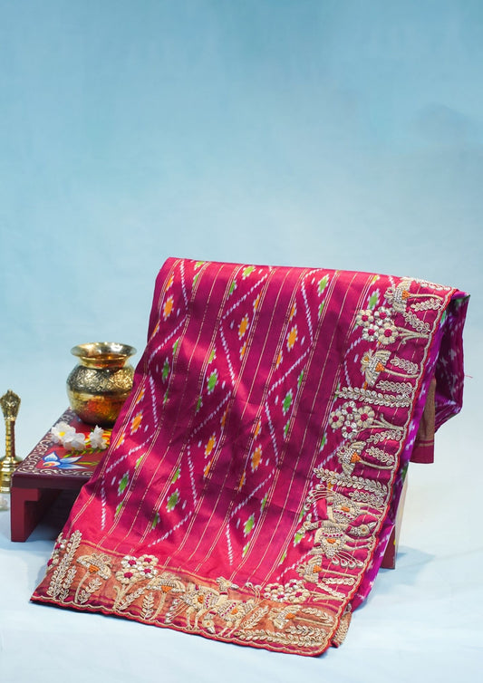"VIRASAT 209" Banarasi Fuchsia Pink Pure Ikkat Barik Zardozi Embroidered Saree