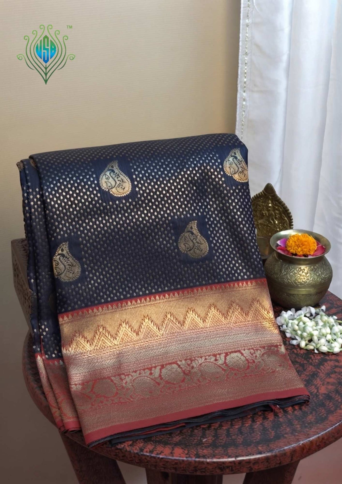 UTSAV BANARAS 452: Deep Navy Blue Banarasi Silk Saree with Antique Zari Paisley Butis & Heritage Border