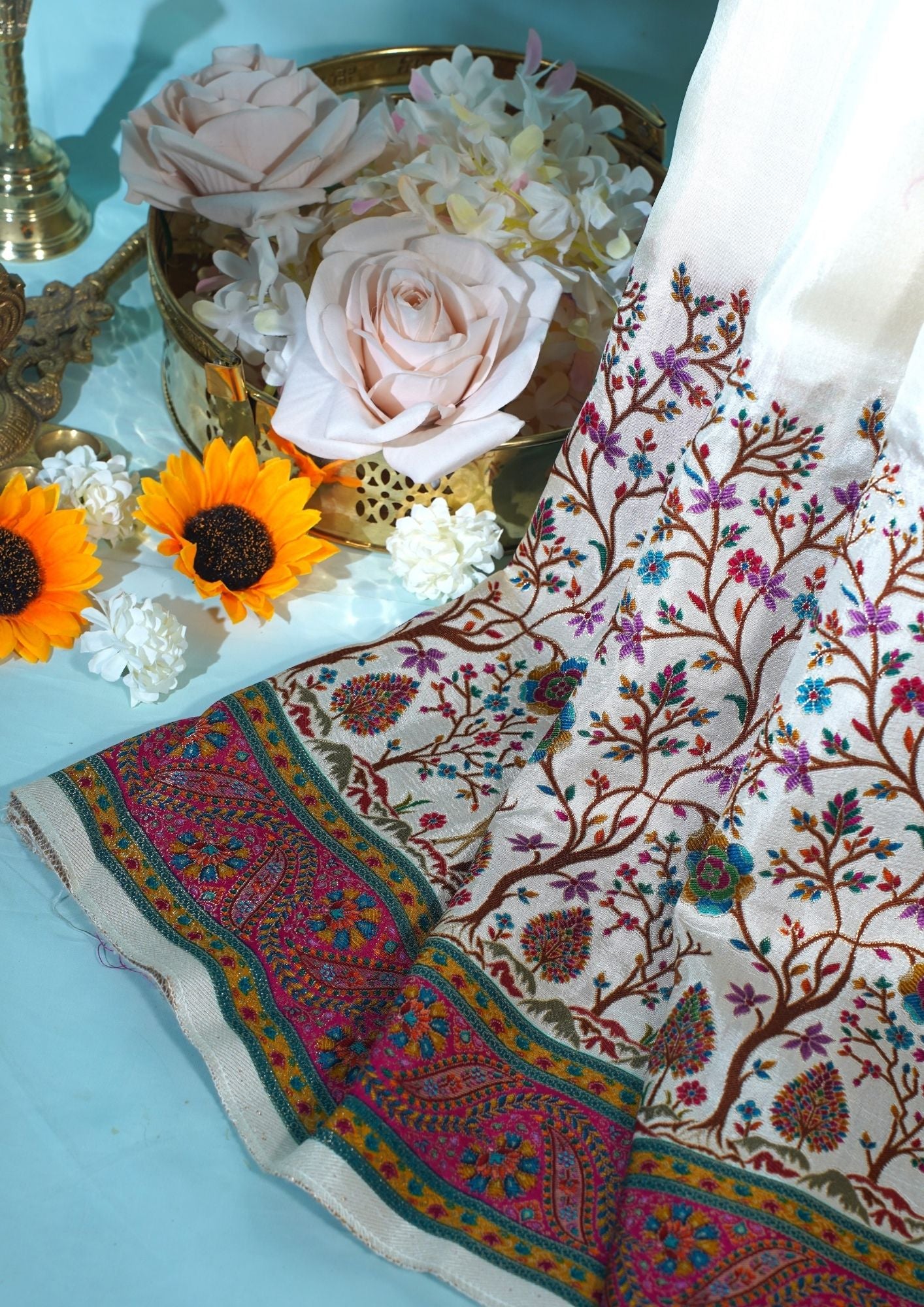 "Waah Banaras 072" Banarasi Ivory Base With Vibrant Accents Meenakari Pashmina Silk Saree