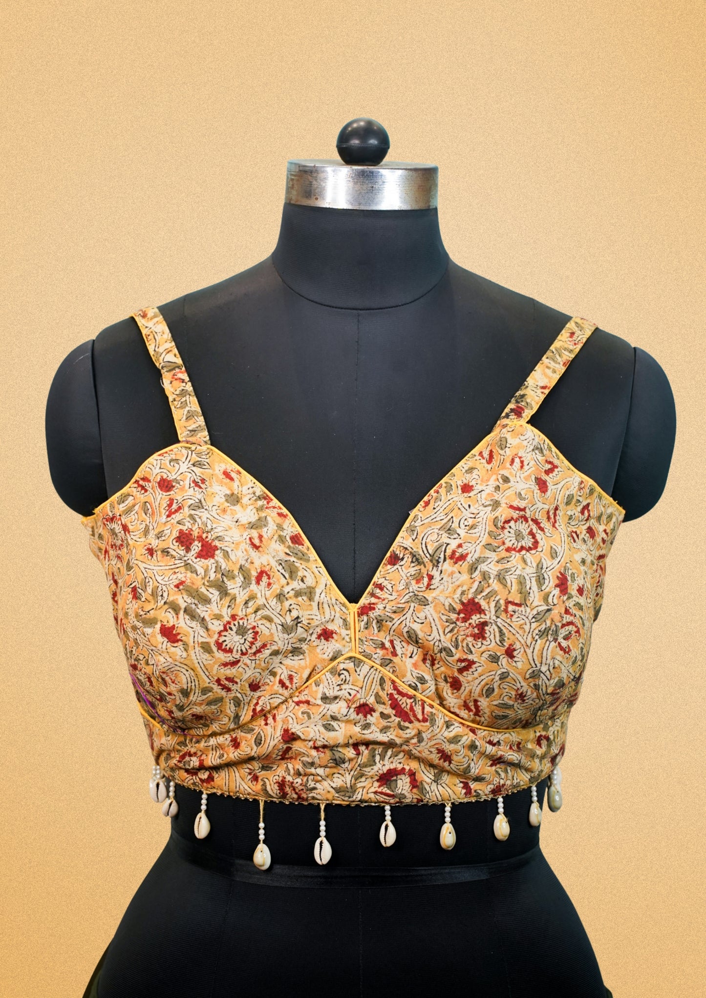 "RDM BL 003" Banarasi Yellow Floral Printed Blouse with Shell Tassels