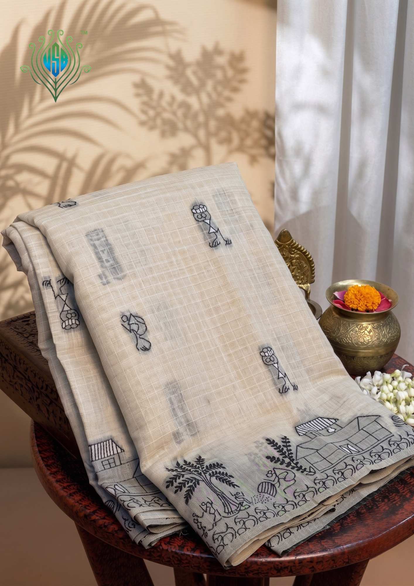 UTSAV BANARAS 453: Premium Cotton Saree with Handcrafted Resham Work & Tribal Art Border