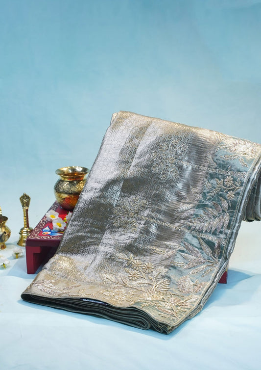 "VIRASAT 208" Banarasi Silver-Grey With Gold Pure Kanjivaram Barik Zardozi Embroidered Saree