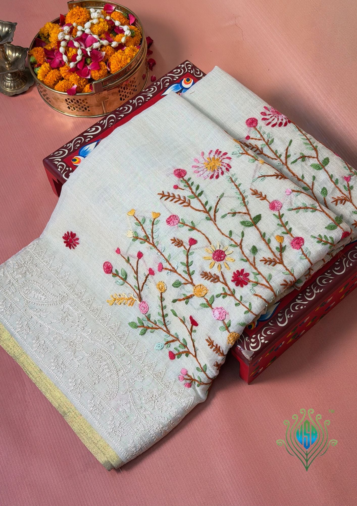 UTSAV BANARAS 411: Pearl White Tussar Silk Saree with Meenakari Pallu & Floral Buti With Thread Border