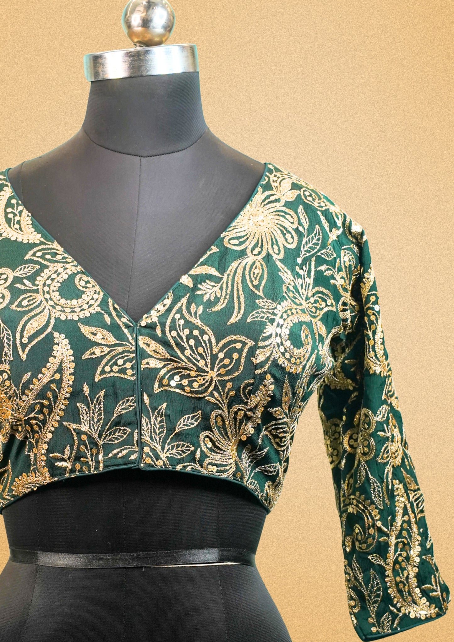 "RDM BL 015A" Banarasi Green Silk Blouse With Golden Zari Embroidery