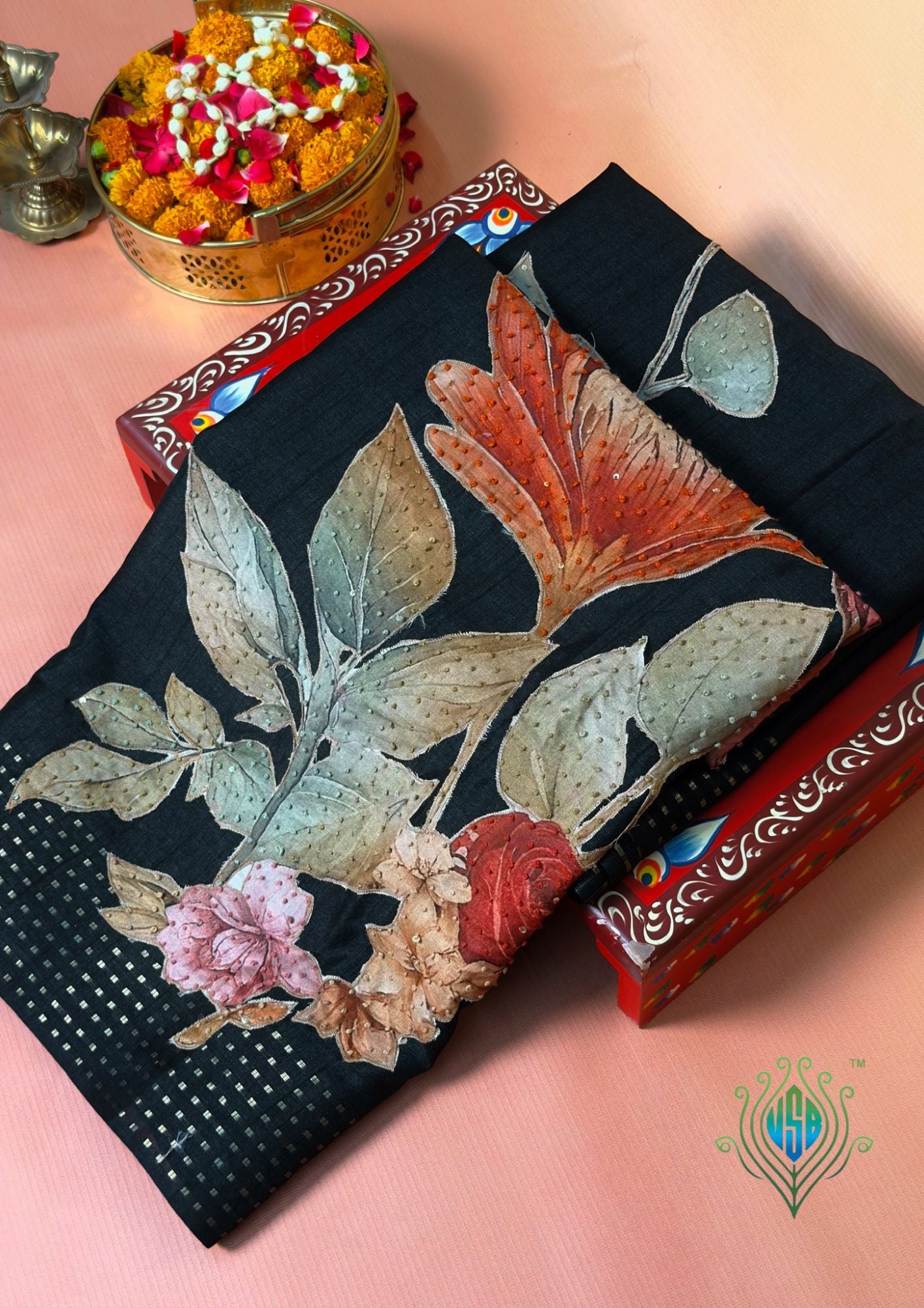 UTSAV BANARAS 407: Black Tussar Silk Saree with Handcrafted Kantha Work & Rich Zari Border