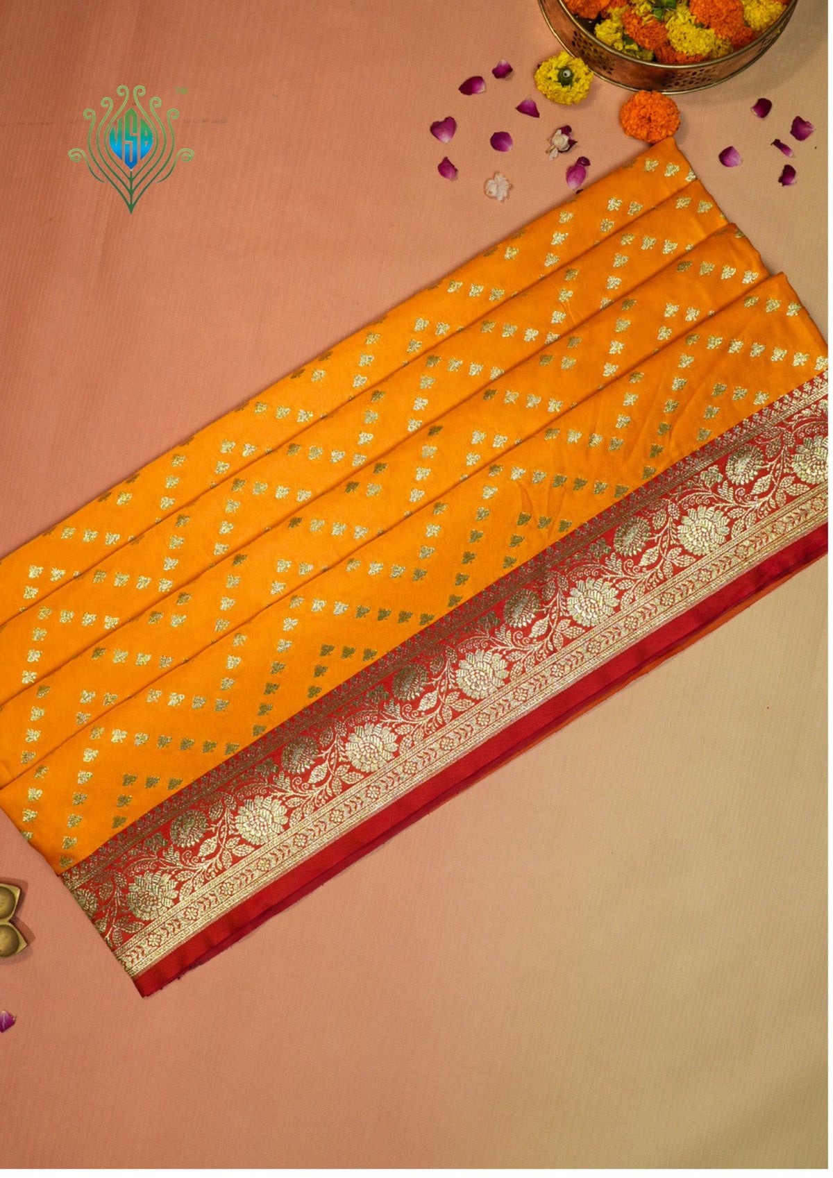 Waah Banaras173B: Sunflower Yellow Satin Silk Banarasi Saree with Zig-Zag Buti & Contrast Pallu