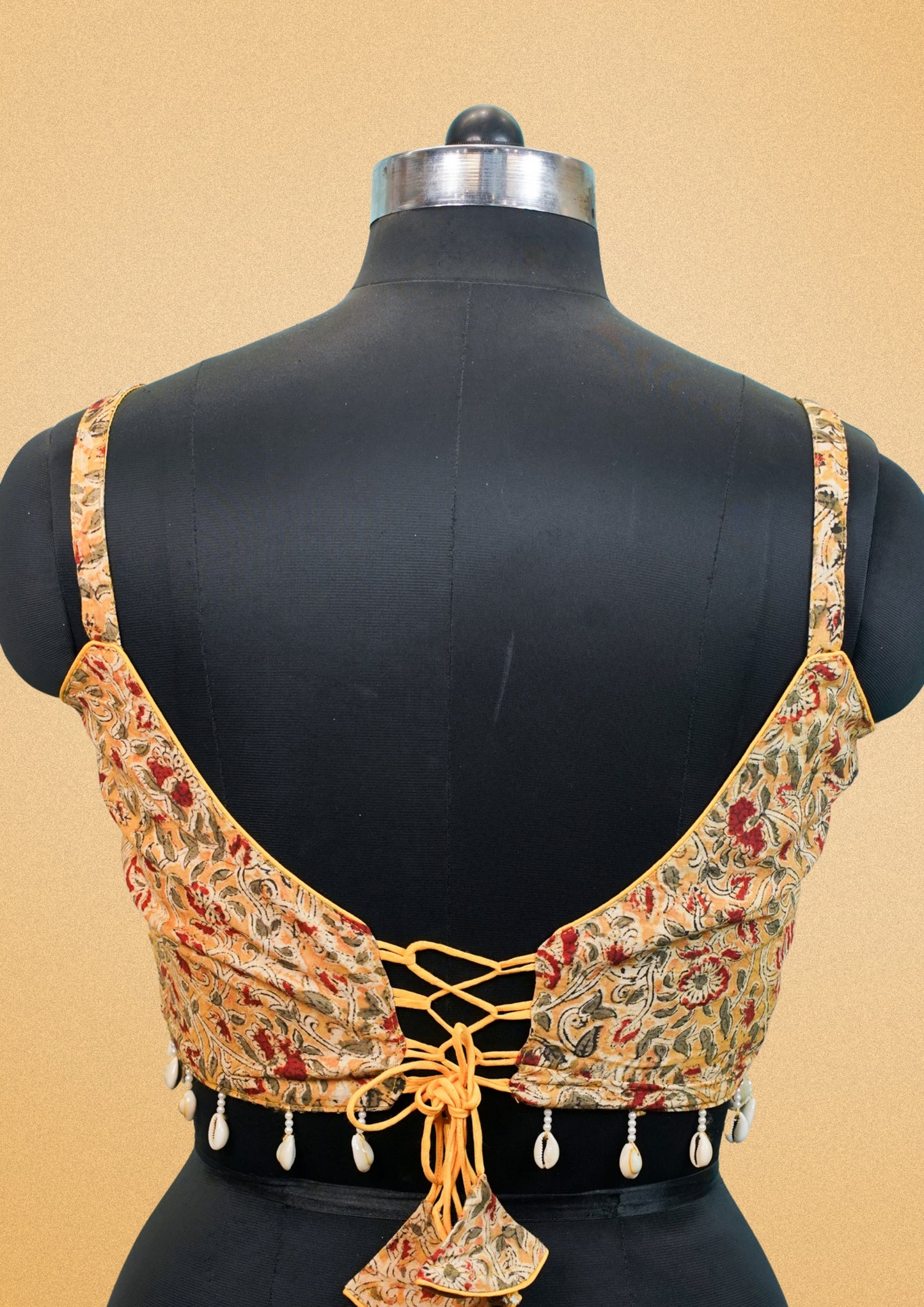 "RDM BL 003" Banarasi Yellow Floral Printed Blouse with Shell Tassels