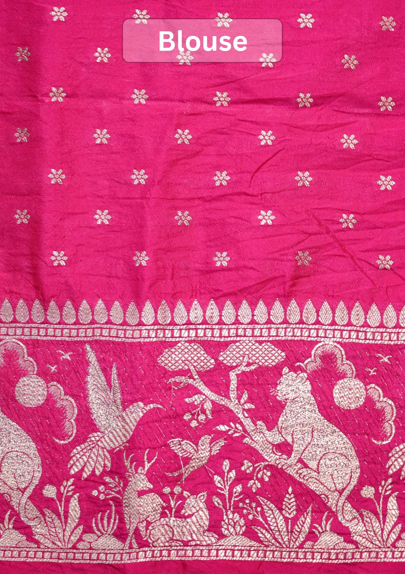 Waah Banaras 181C: Regal Rani Pink Semi Katan Silk Saree With Beautiful Bird Border