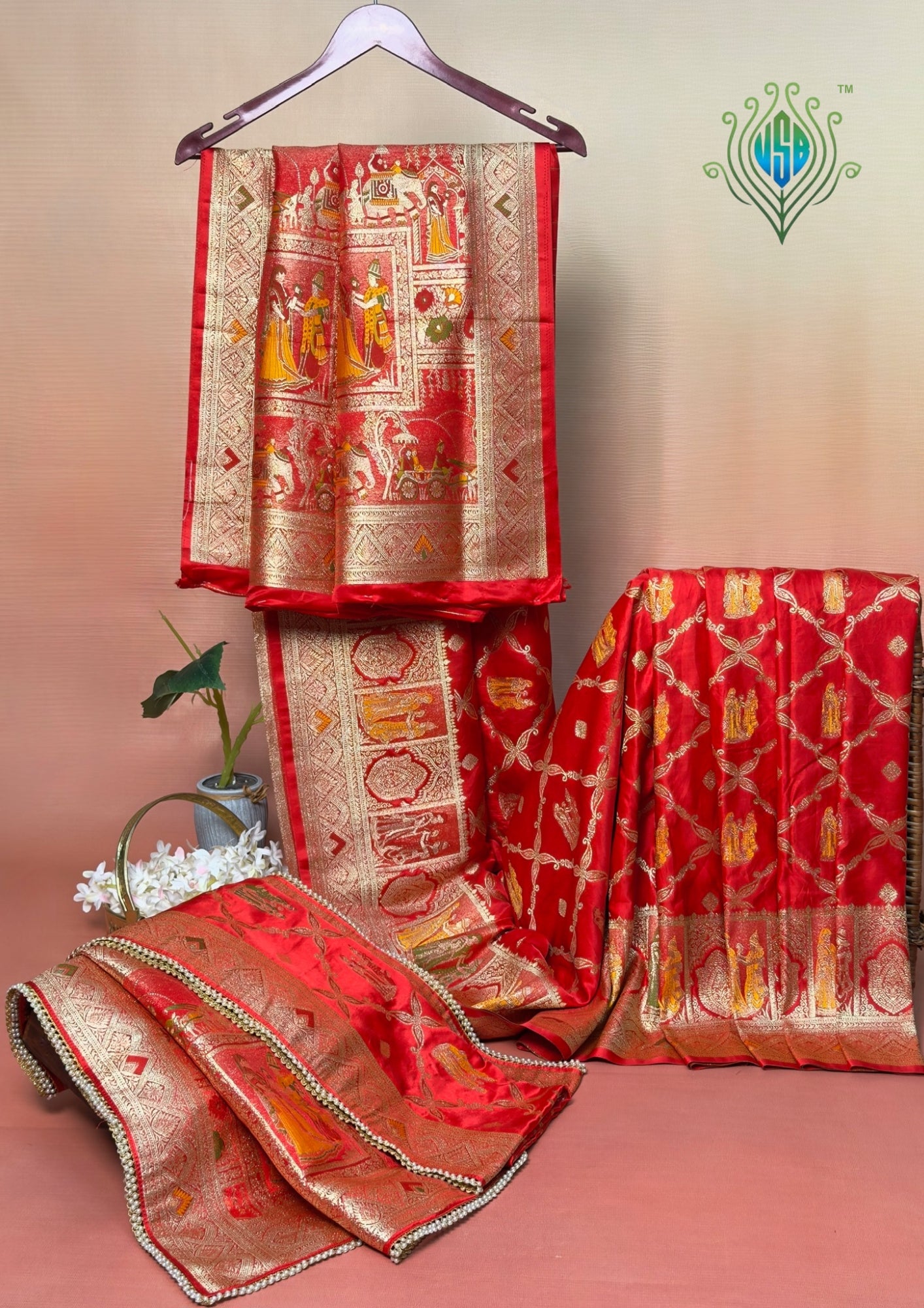 UTSAV BANARAS 420: Dulhan Red Satin Mashru Valkalam Saree with Meenakari Floral Border & Matching Dupatta