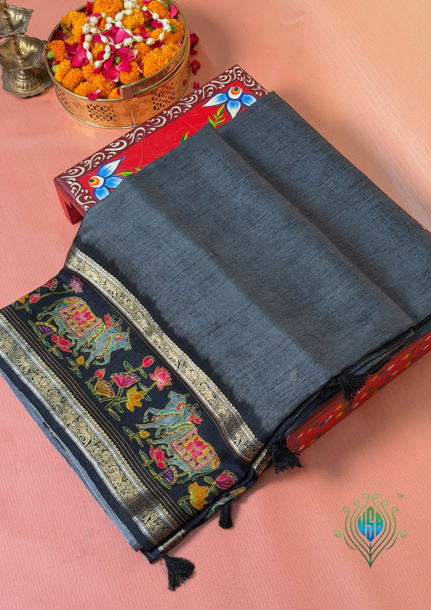 UTSAV BANARAS 288: Slate Grey Tussar Georgette Saree with Beautiful Kalamkari Floral Border