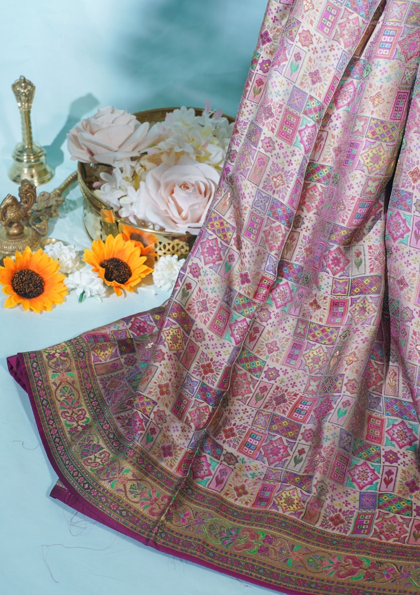 "Waah Banaras 070" Banarasi Beige Base With Vibrant Multi Color Meenakari Masru Silk Saree