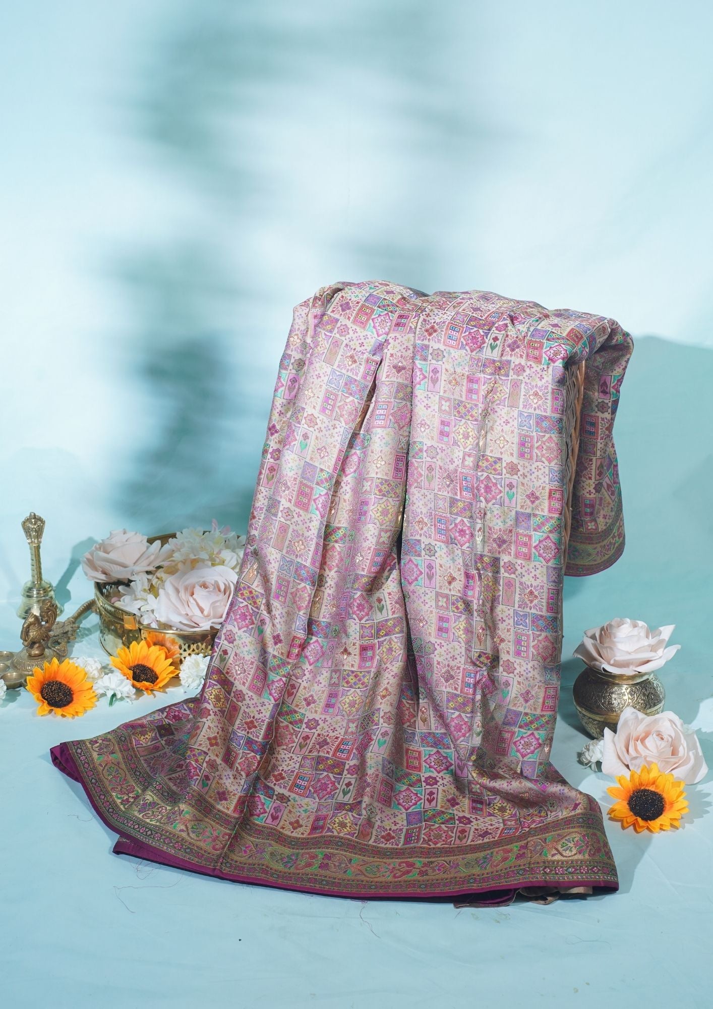 "Waah Banaras 070" Banarasi Beige Base With Vibrant Multi Color Meenakari Masru Silk Saree