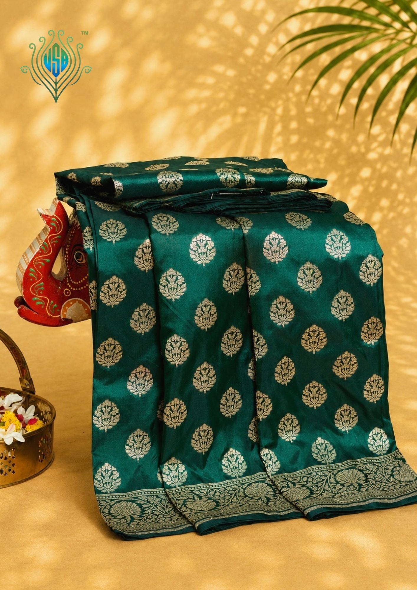 VIRASAT 430: Bottle Green Pure Handloom Katan Silk Saree with Gold Zari Buta & Traditional Banarasi Border