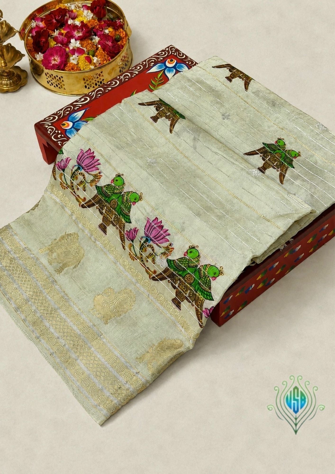 UTSAV BANARAS 373: Ivory Tusser Georgette Silk Saree with Sona Rupa Zari & Kalamkari Skirt Border