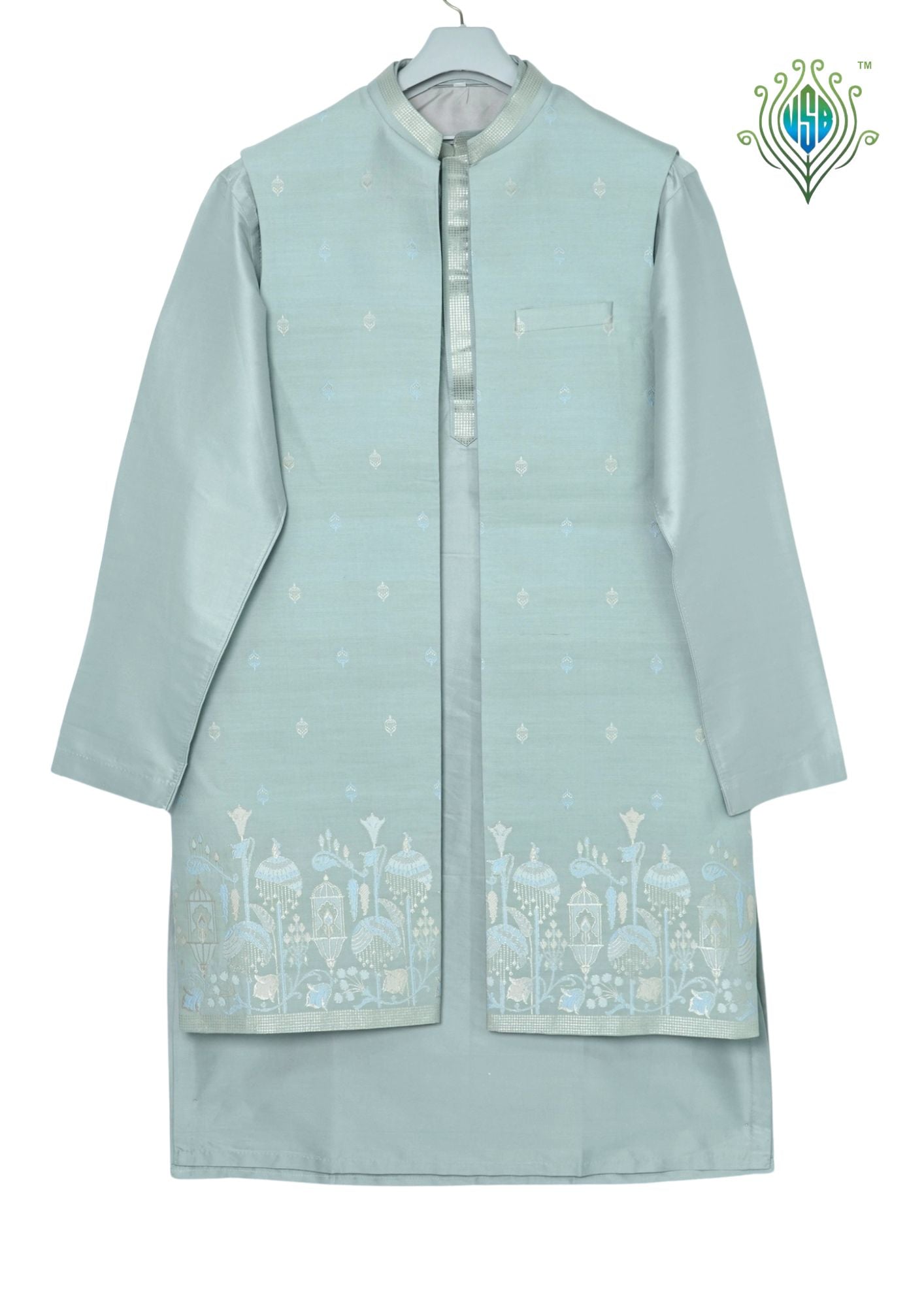 MJ 013A: Light Sea Green Banarasi Silk Kurta Payjama Jacket