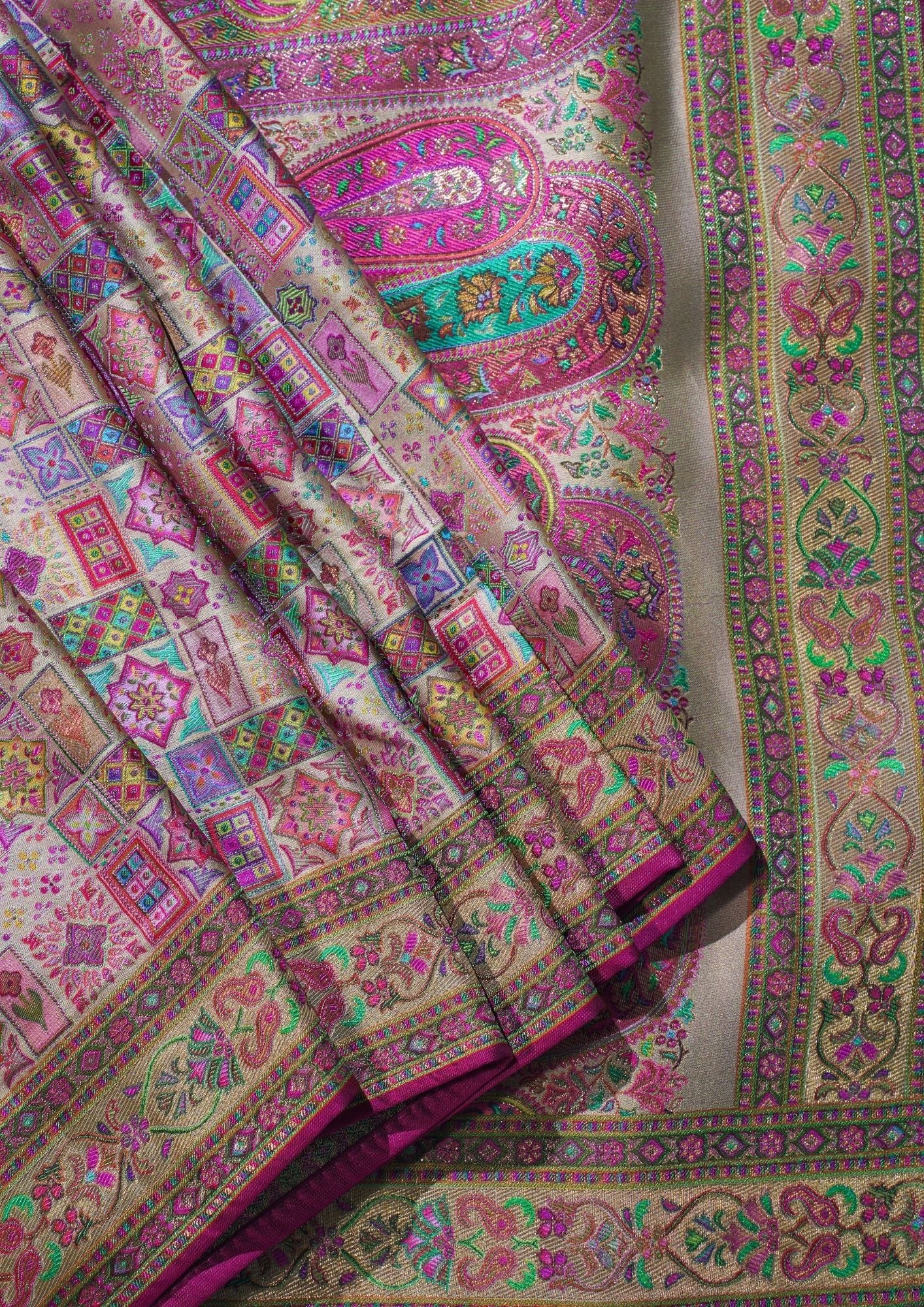 "Waah Banaras 070" Banarasi Beige Base With Vibrant Multi Color Meenakari Masru Silk Saree