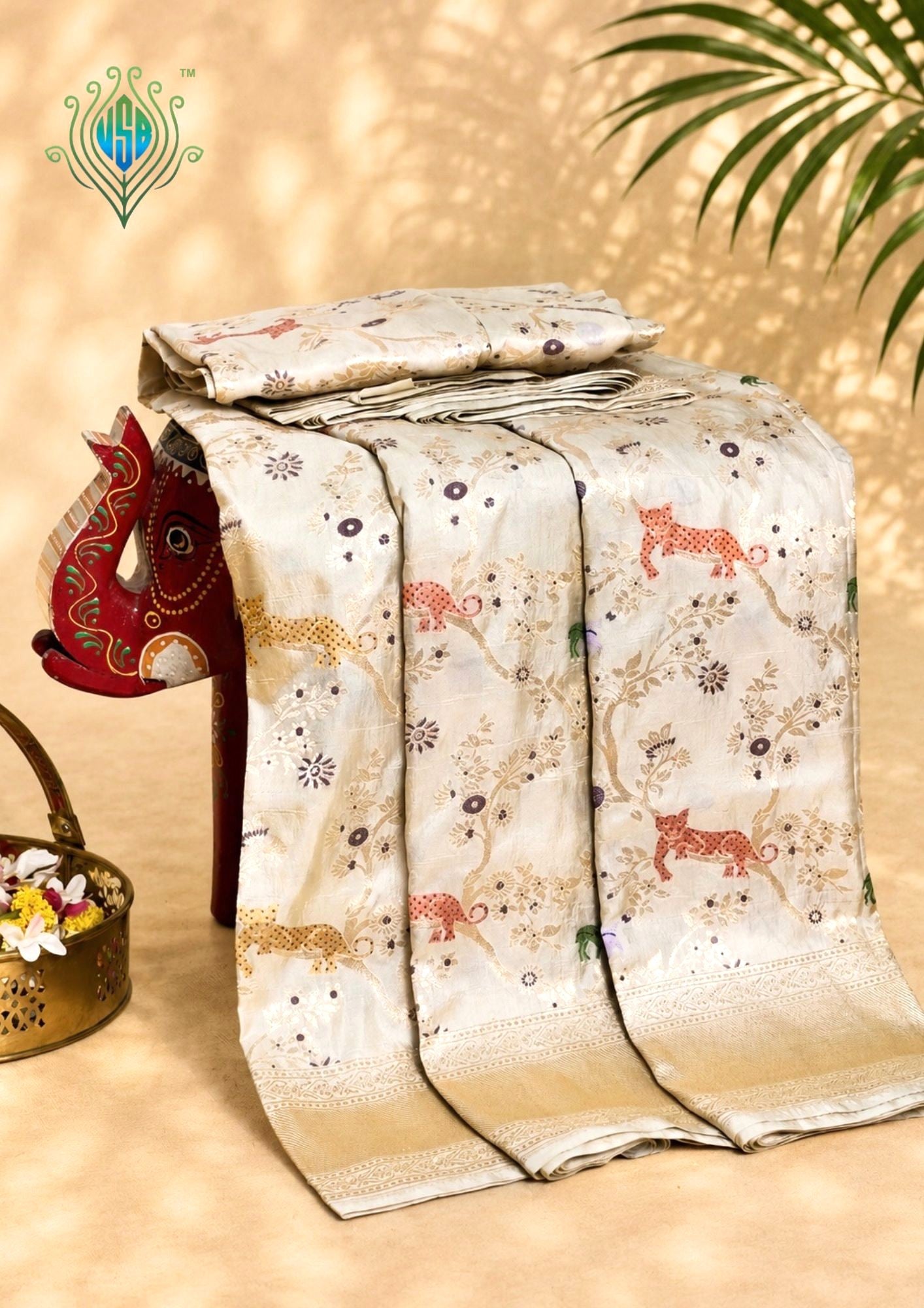VIRASAT 434A: Silk Mark Certified Ivory White Pure Handloom Katan Silk Saree with Kadwa Sikargah Zari Jaal & Meenakari Weaving
